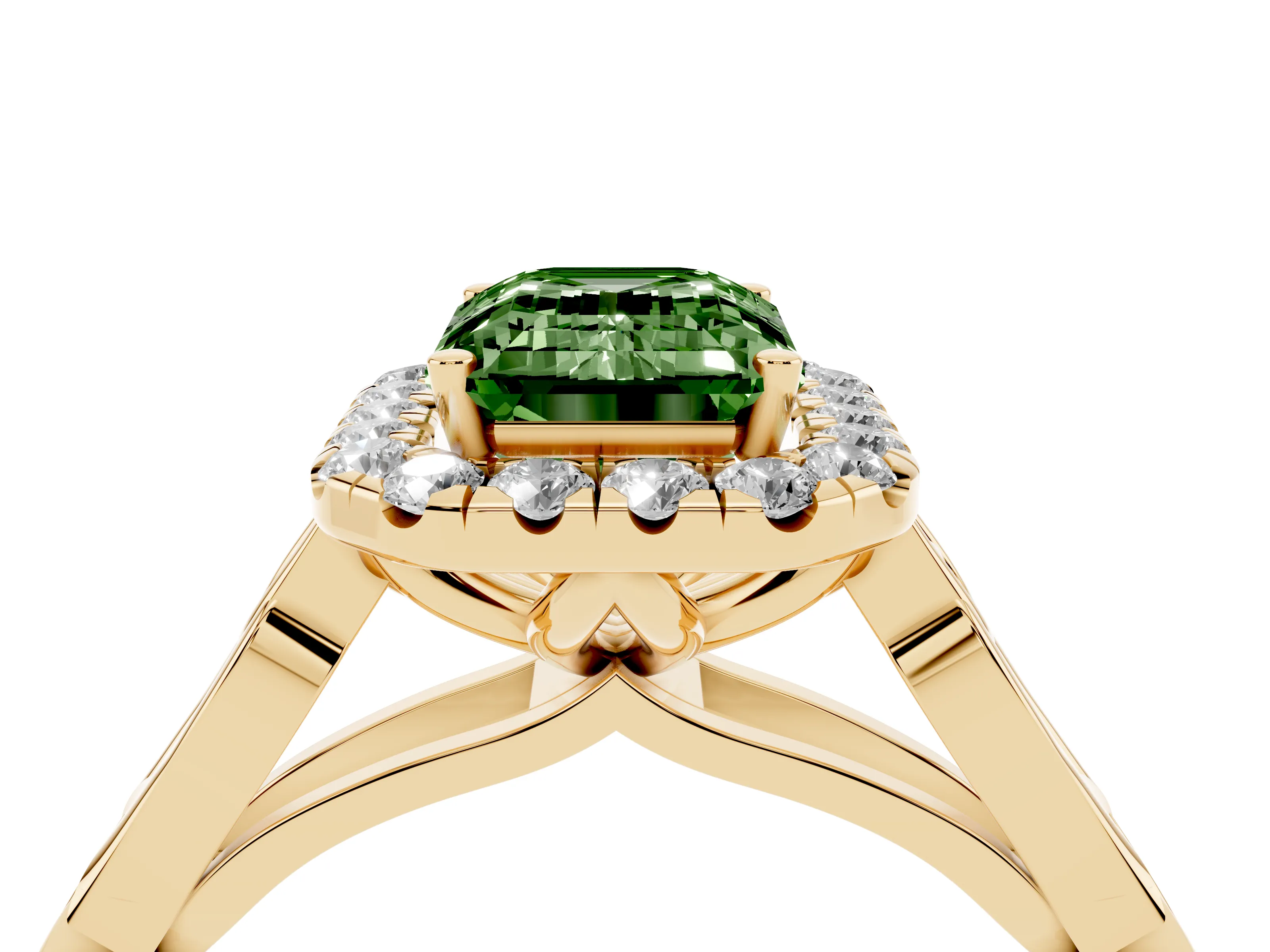 Fancy Green Emerald Cut Diamond Halo Engagement Ring Set in Yellow gold with Filigree Band and Prong-Set Center