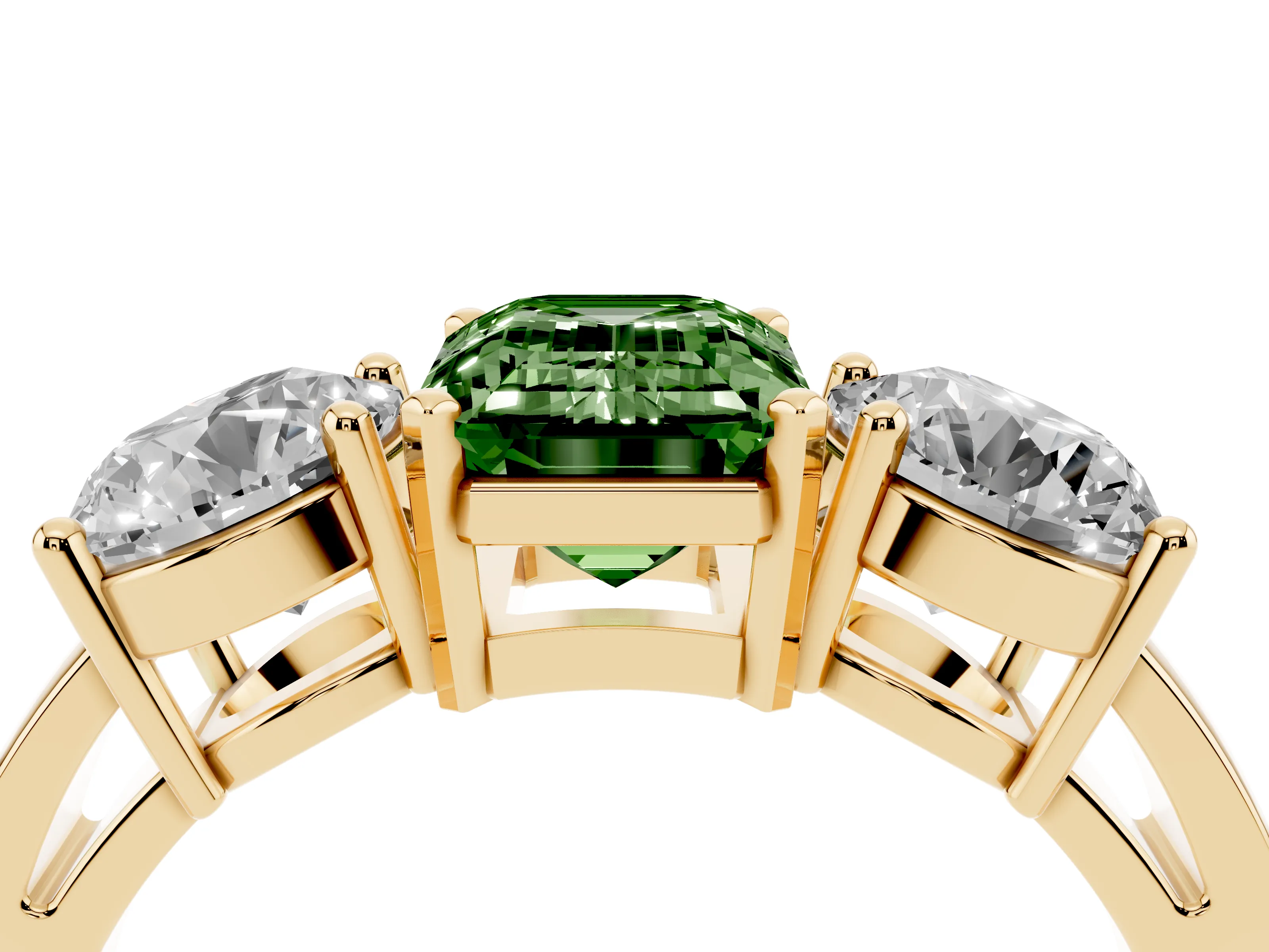 Fancy Green Emerald Cut Diamond Three-Stone Ring Set in Yellow gold with Round Side Stones and Classic Band