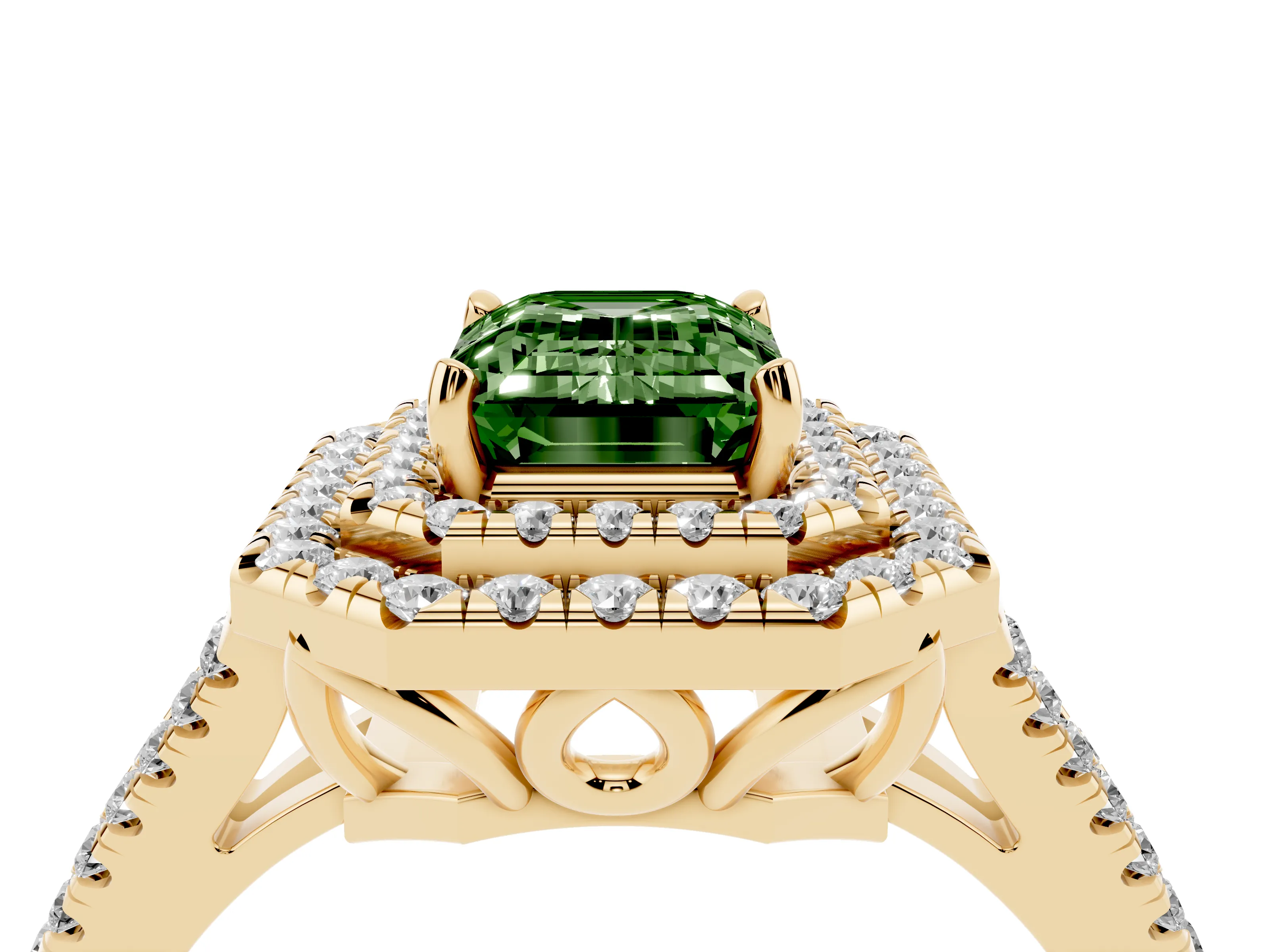 Fancy Green Emerald Cut Diamond Double Halo Ring Set in Yellow gold with Pavé Band