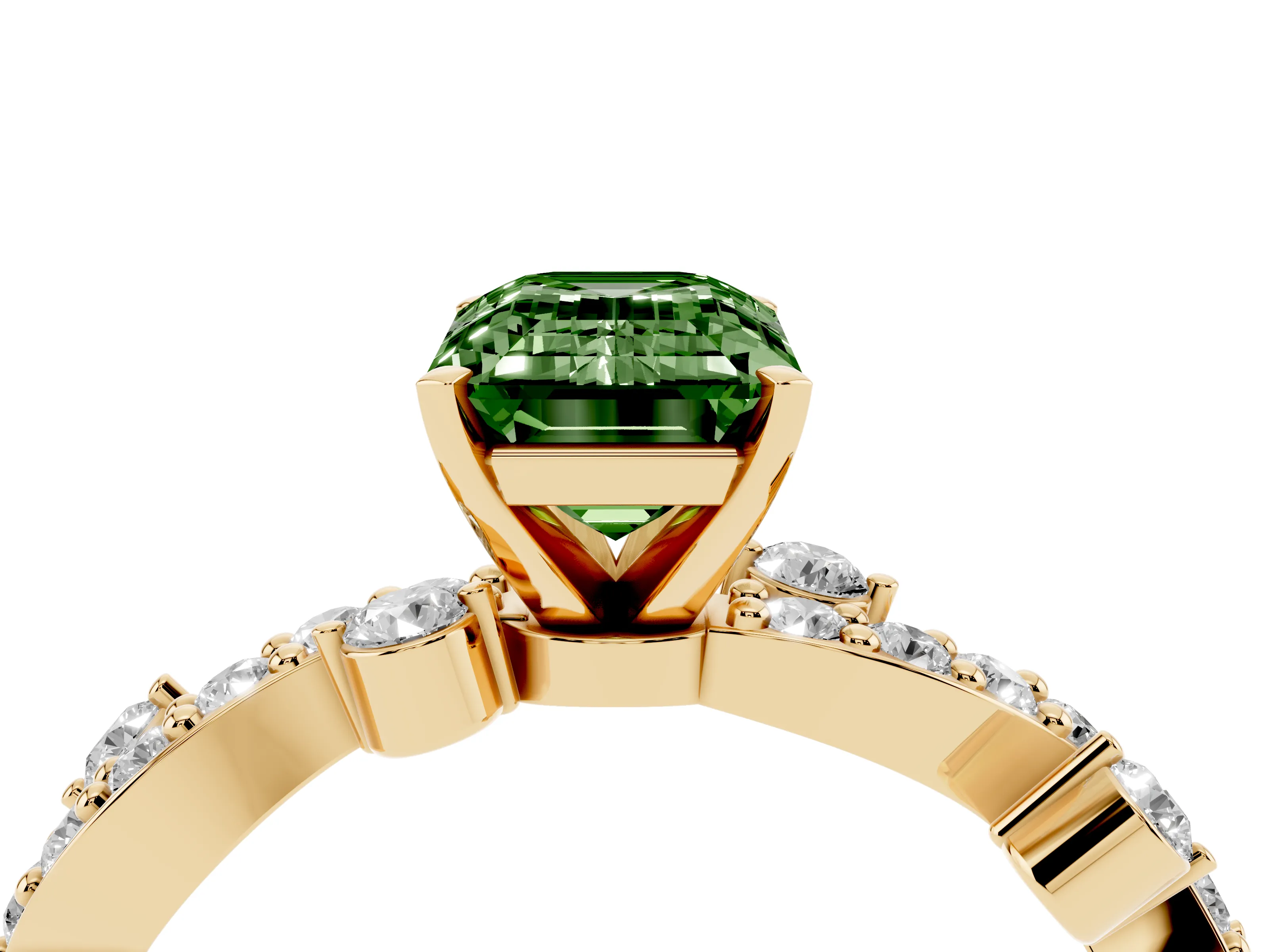 Fancy Green Emerald Cut Diamond Solitaire Twisted Band Set in Yellow gold with Pavé Setting