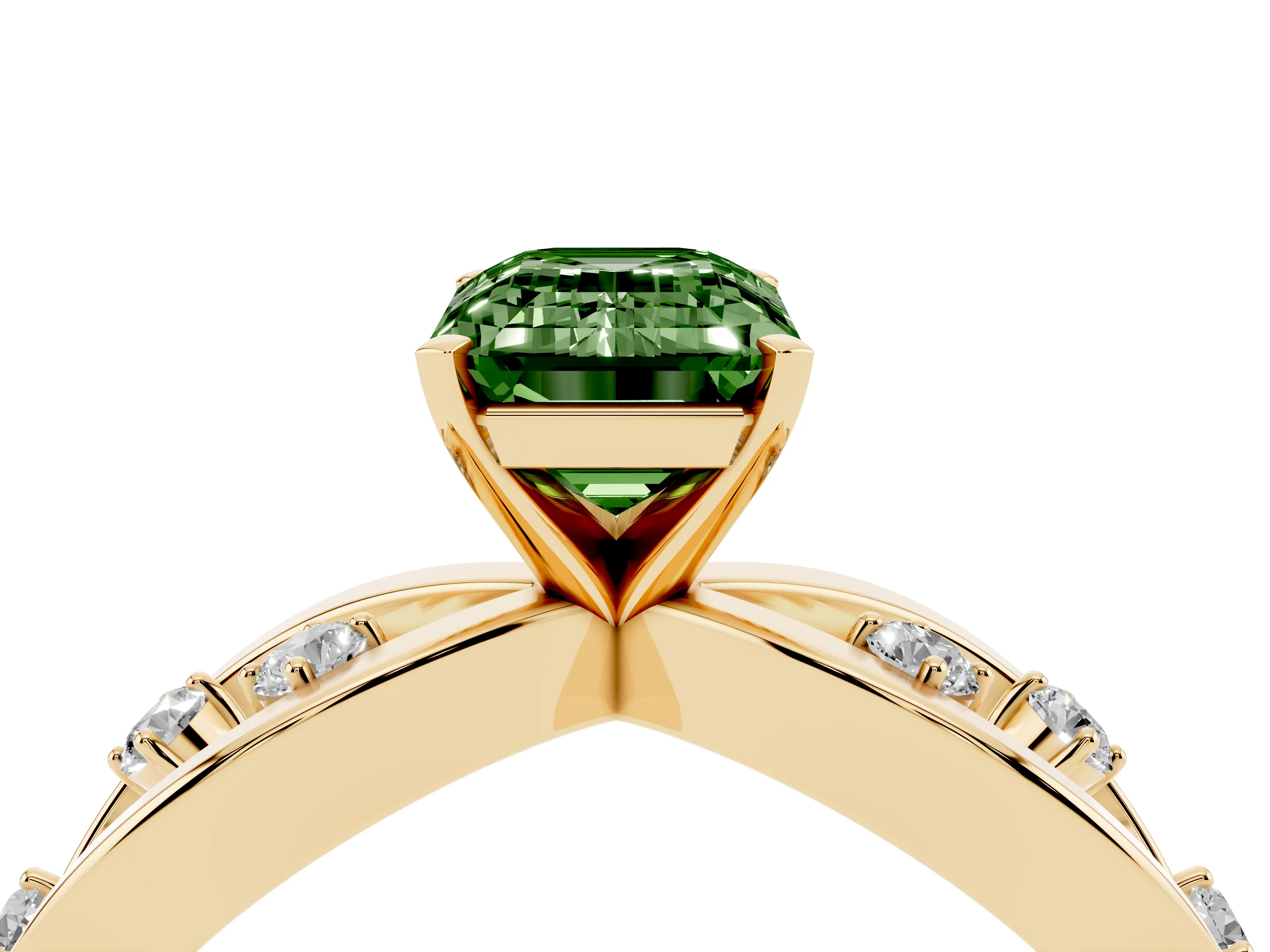 Fancy Green Emerald Cut Diamond Solitaire Ring Set in Yellow gold with Side Stones on Criss-Cross Band and Prong Setting