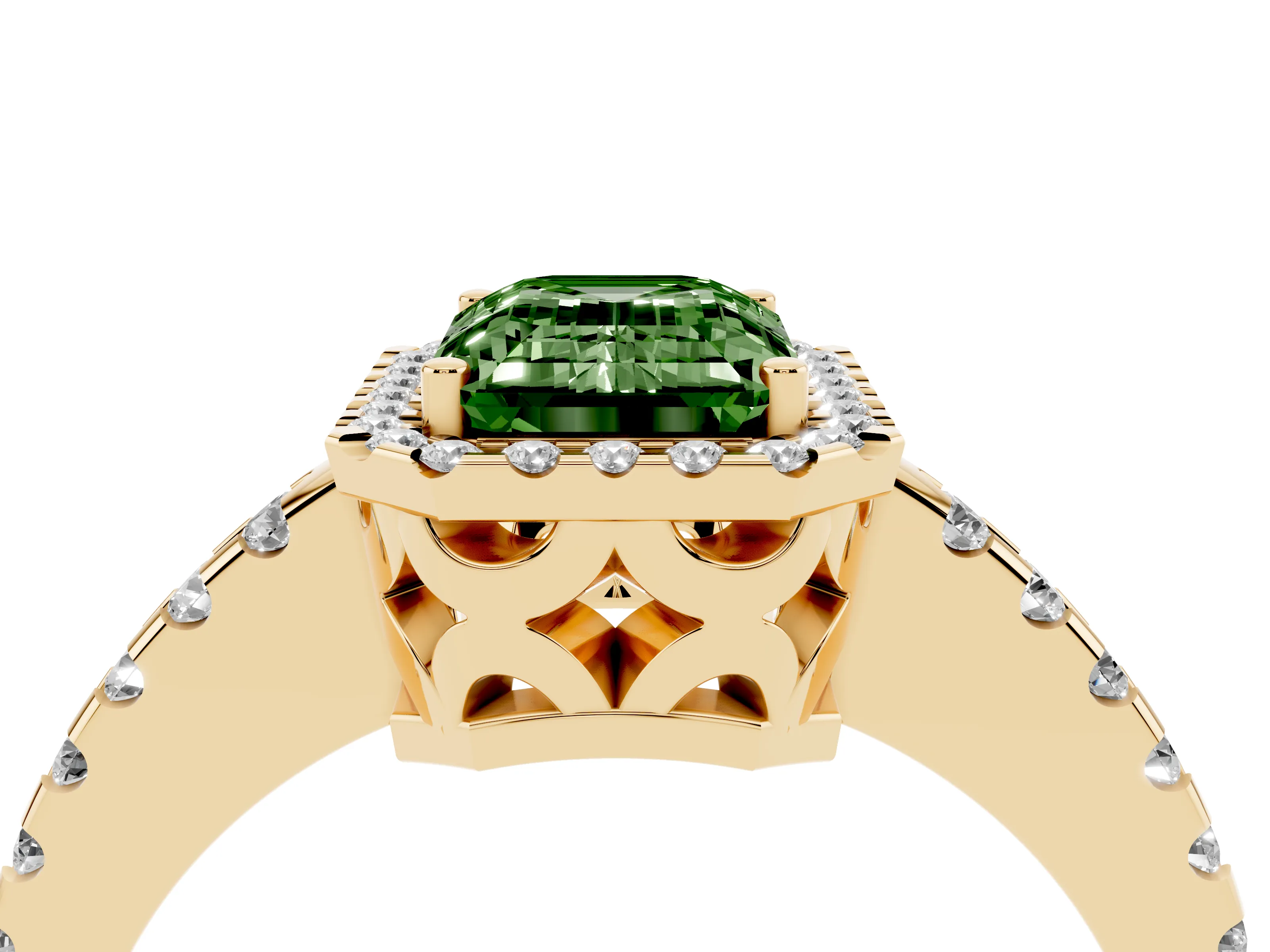 Fancy Green Emerald Cut Diamond Halo Ring Set in Yellow gold with Pavé Shoulders and Halo-Framed Center