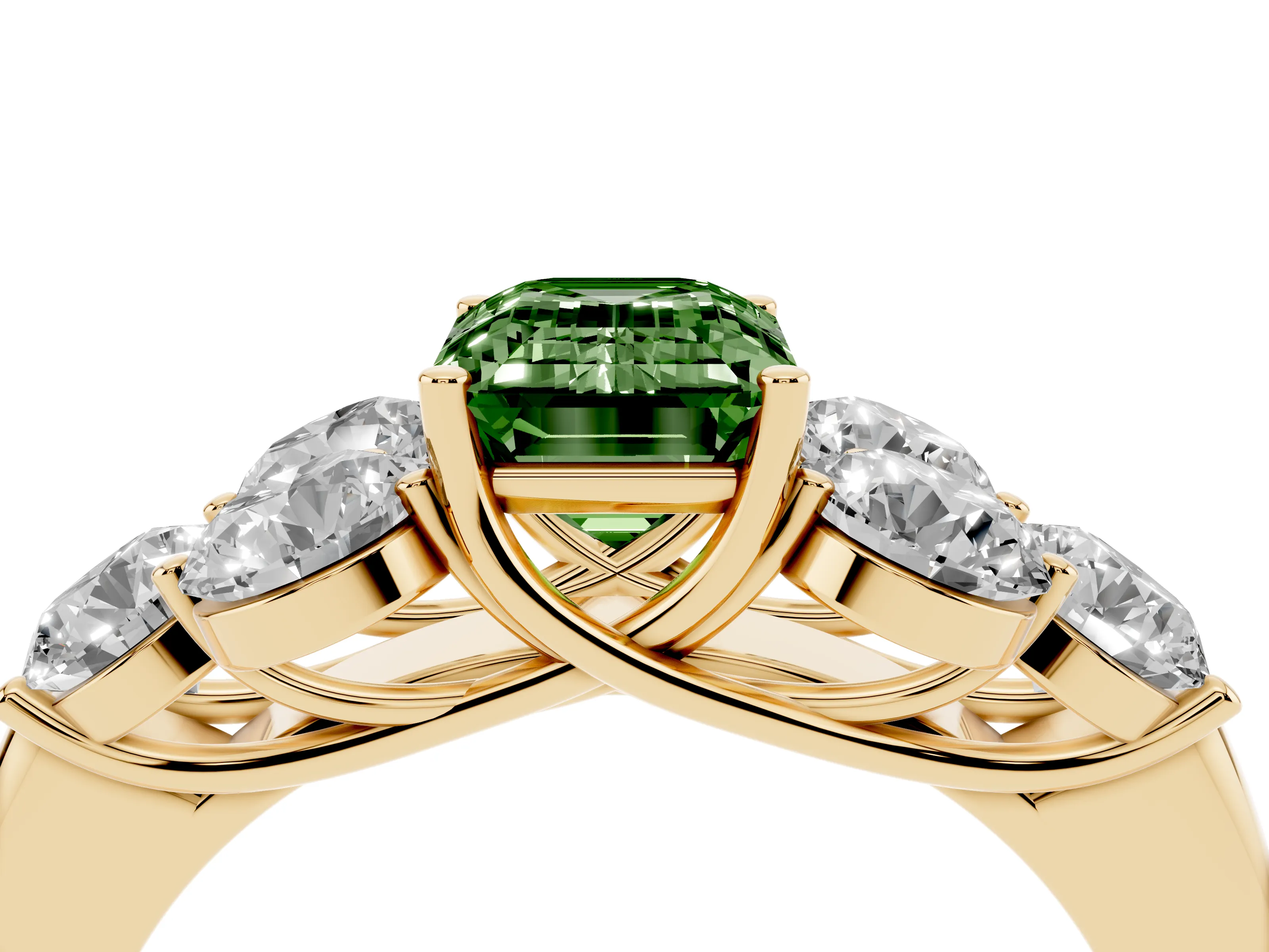 Fancy Green Emerald Cut Diamond Cluster Ring Set in Yellow gold with Round Accent Stones and Prong Setting on a Plain Band