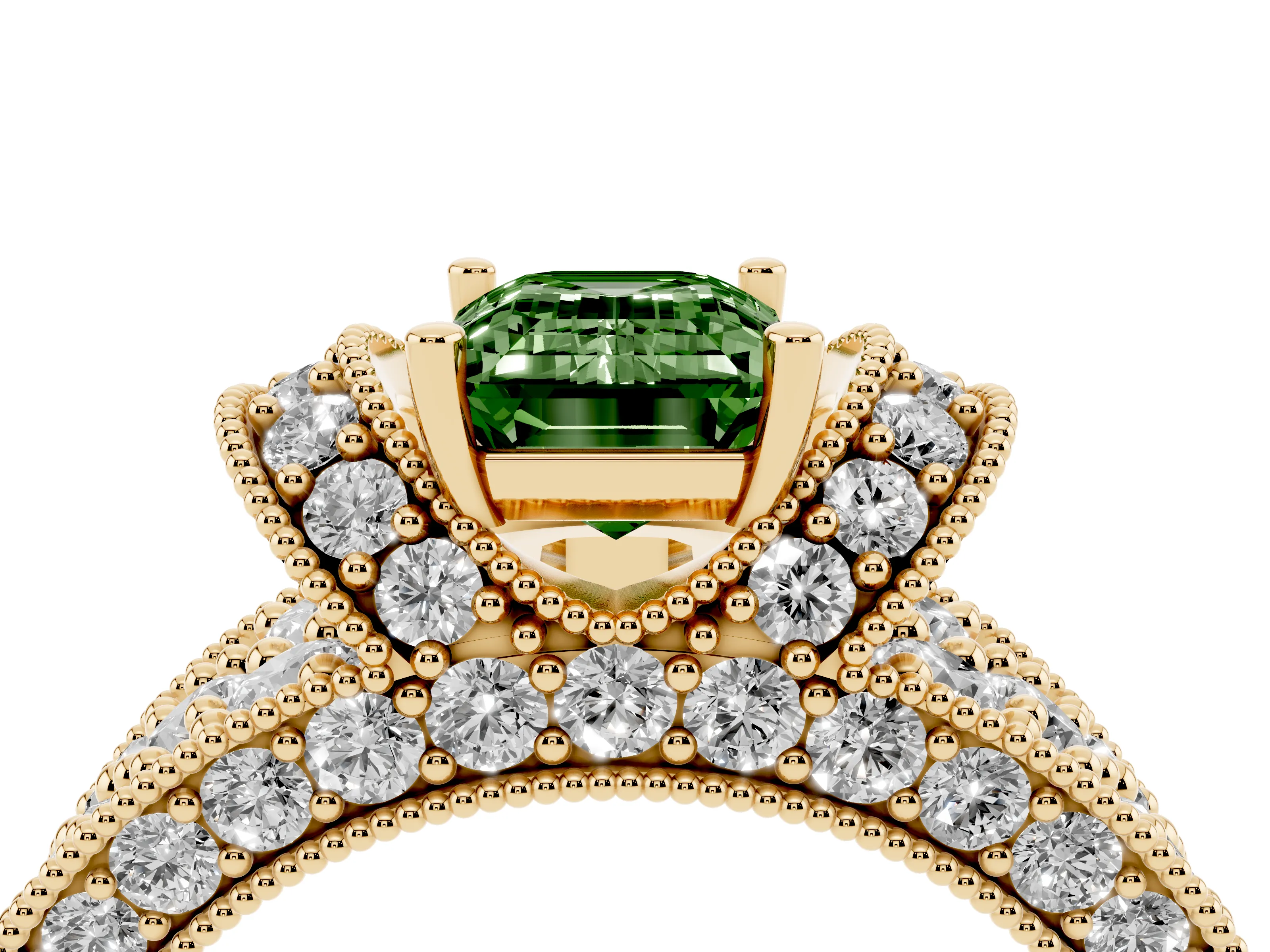 Fancy Green Emerald Cut Diamond Milgrain Halo Pavé Engagement Ring Set in Yellow gold with Prong Setting