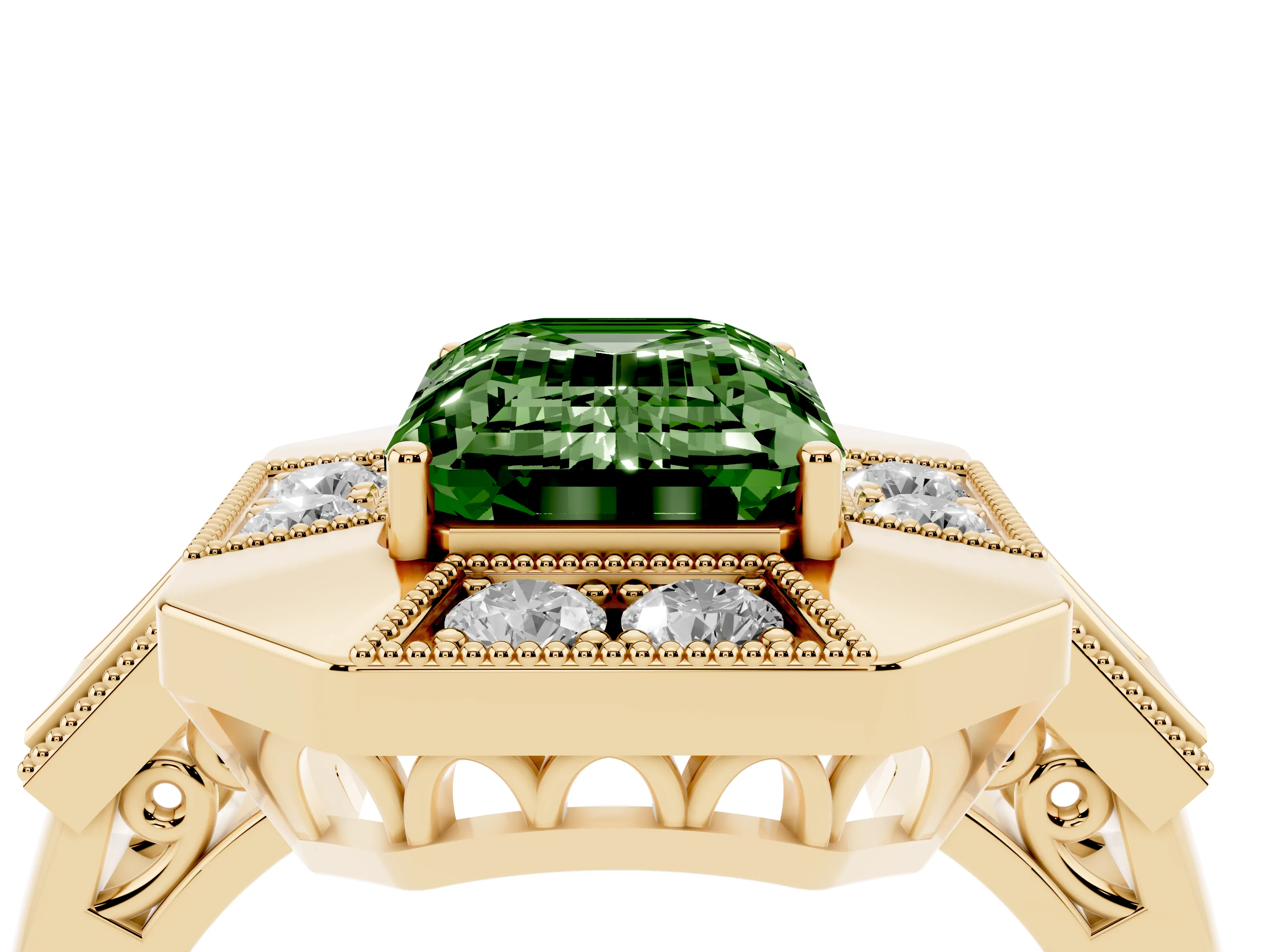 Fancy Green Emerald Cut Diamond Milgrain Halo Ring Set in Yellow gold with Split Shank