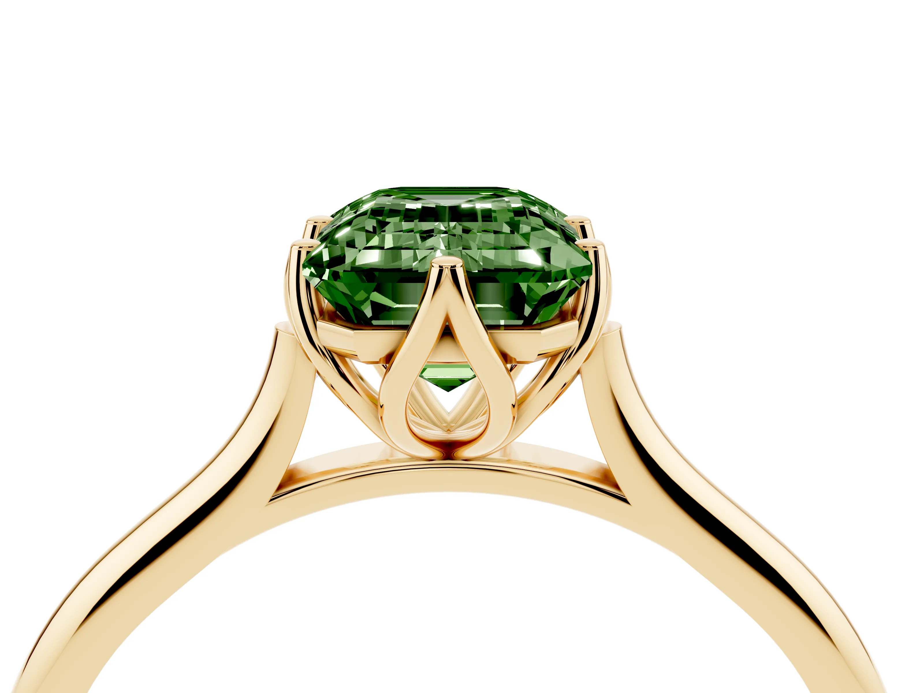 Fancy Green Emerald Cut Diamond Solitaire Cathedral Ring Set in Yellow gold with Prong Setting