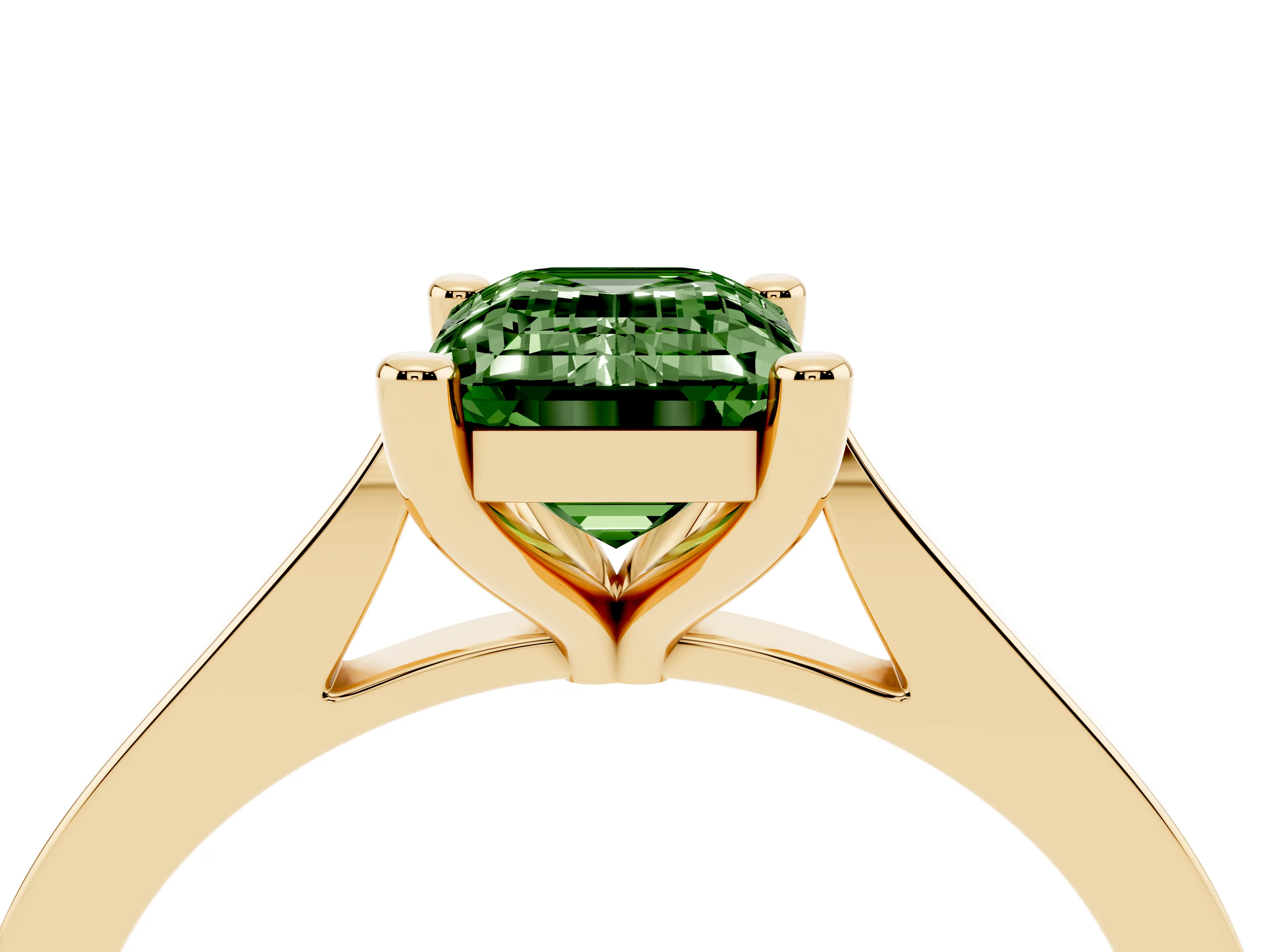 Fancy Green Emerald Cut Diamond Solitaire Ring Set in Yellow gold with Prong Setting and Tapered Band