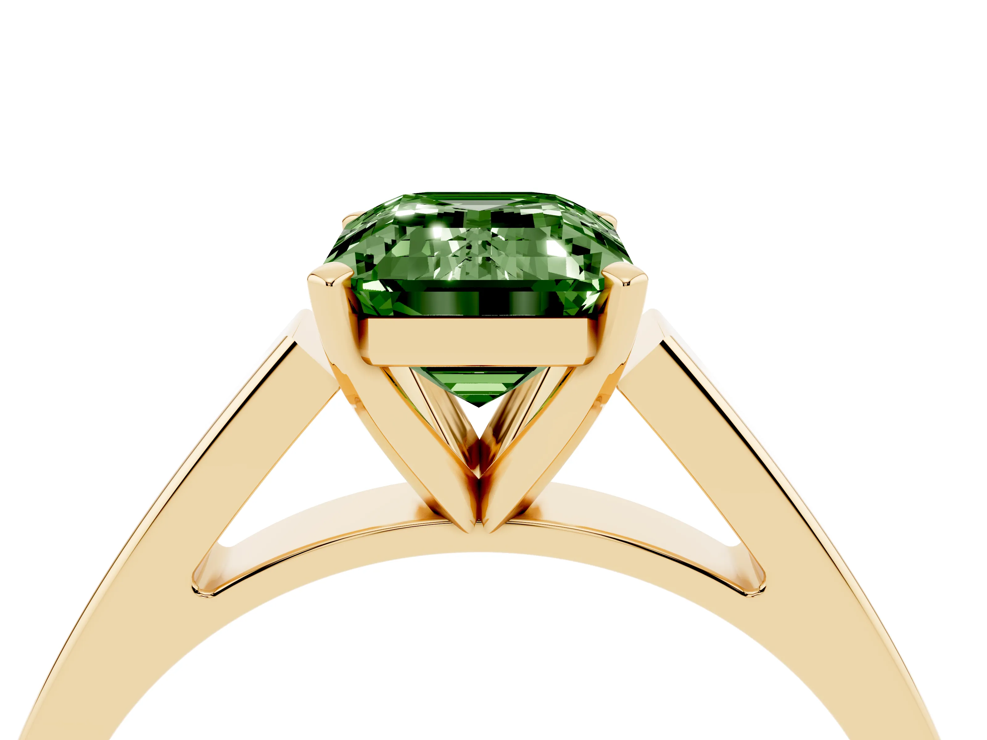 Fancy Green Emerald Cut Diamond Solitaire Engagement Ring Set in Yellow gold with Prong Setting and Tapered Band