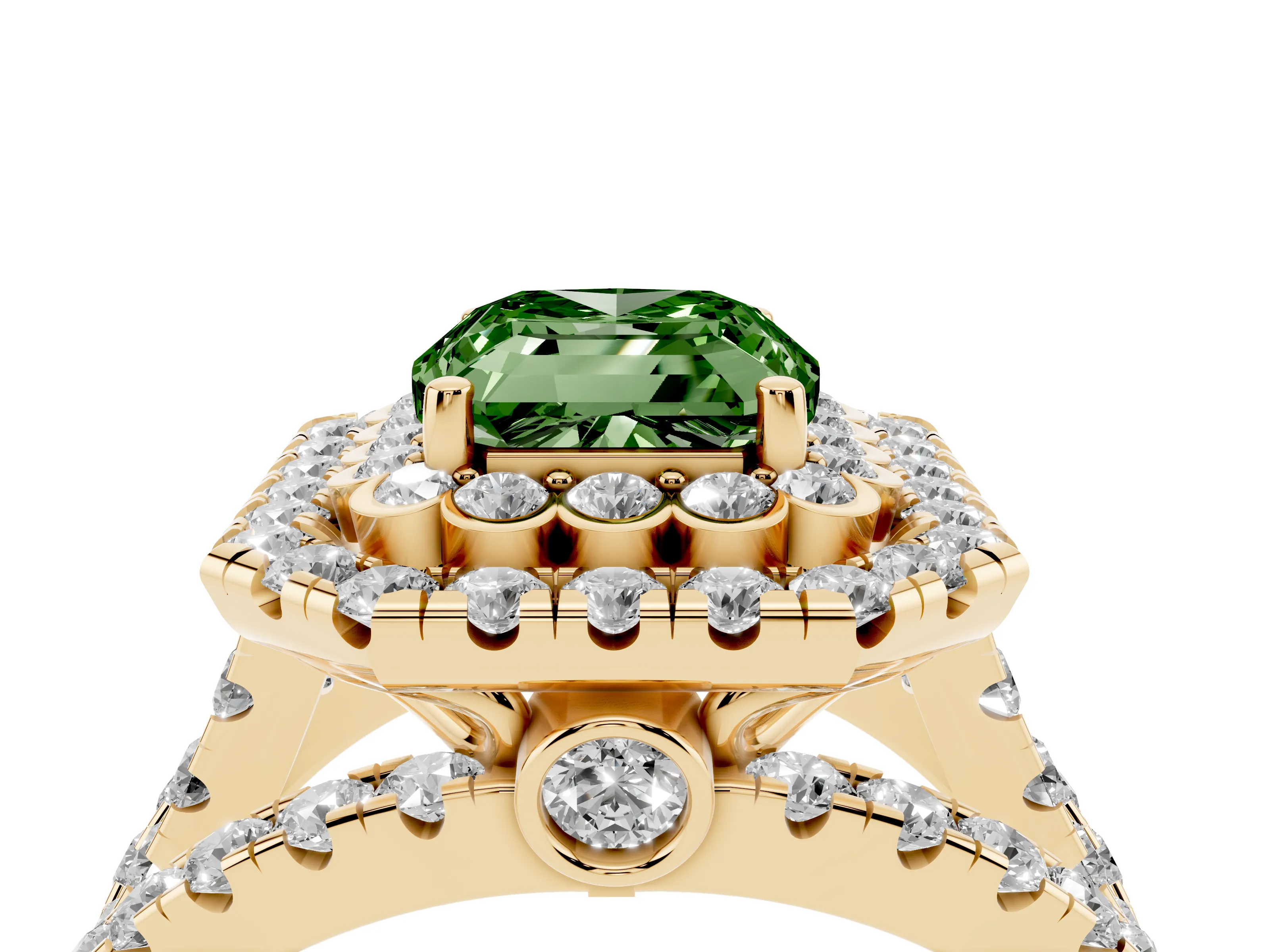 Fancy Green Emerald Cut Diamond Double Halo Ring Set in Yellow gold with Round Pavé Split Shank