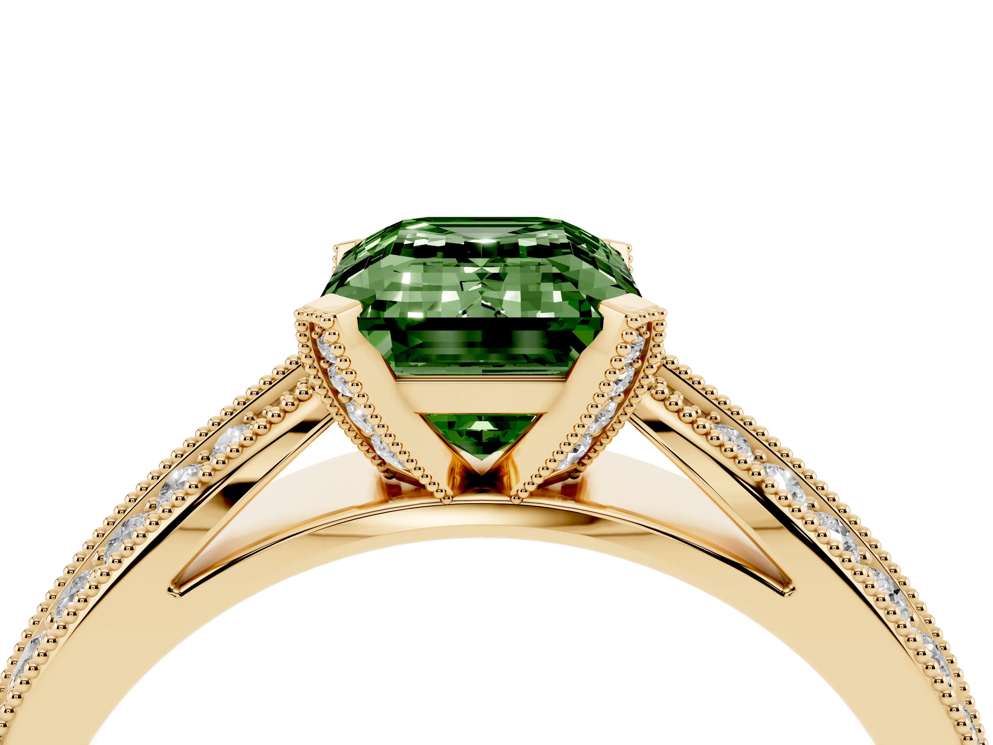 Fancy Green Emerald Cut Diamond Solitaire Ring Set in Yellow gold with Milgrain Double Row Round Pavé Band