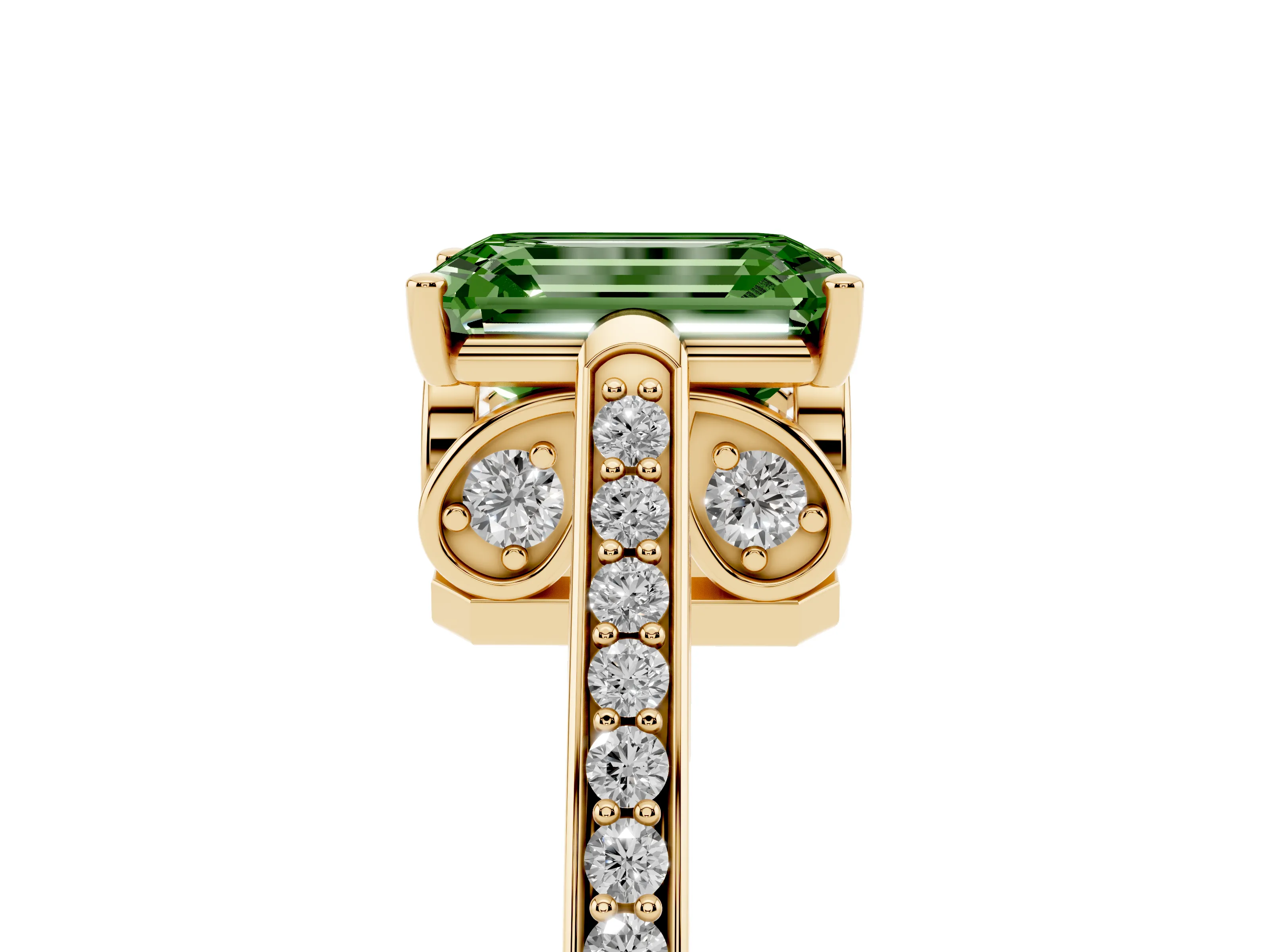 Fancy Green Emerald Cut Diamond Cathedral Pavé Engagement Ring Set in Yellow gold with Prong Setting
