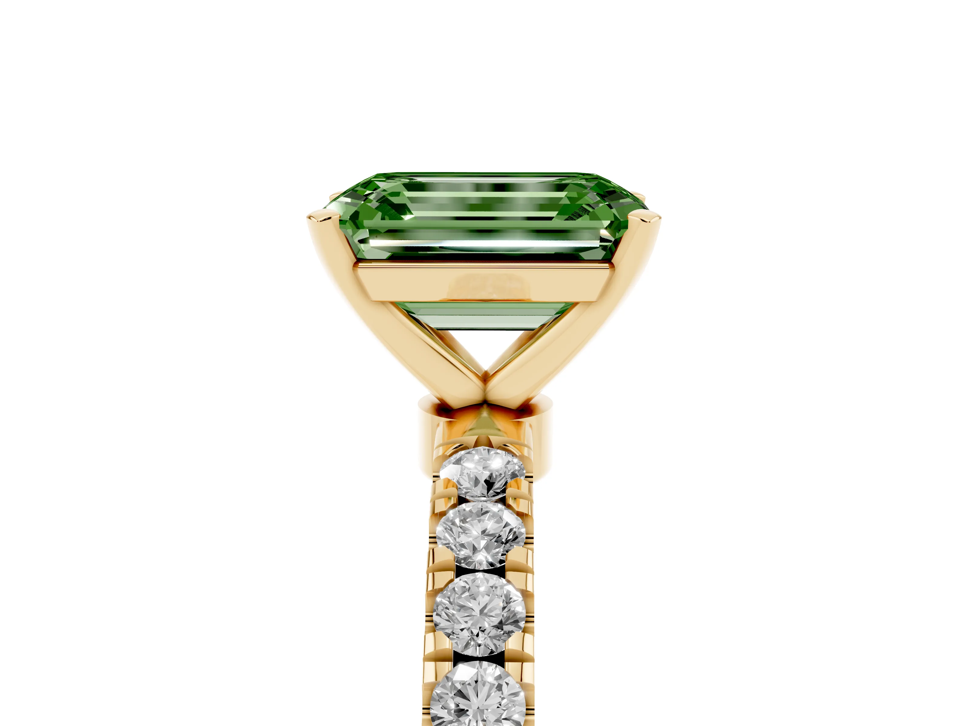 Fancy Green Emerald Cut Diamond Solitaire Ring Set in Yellow gold with Pavé Accents and Prong Setting