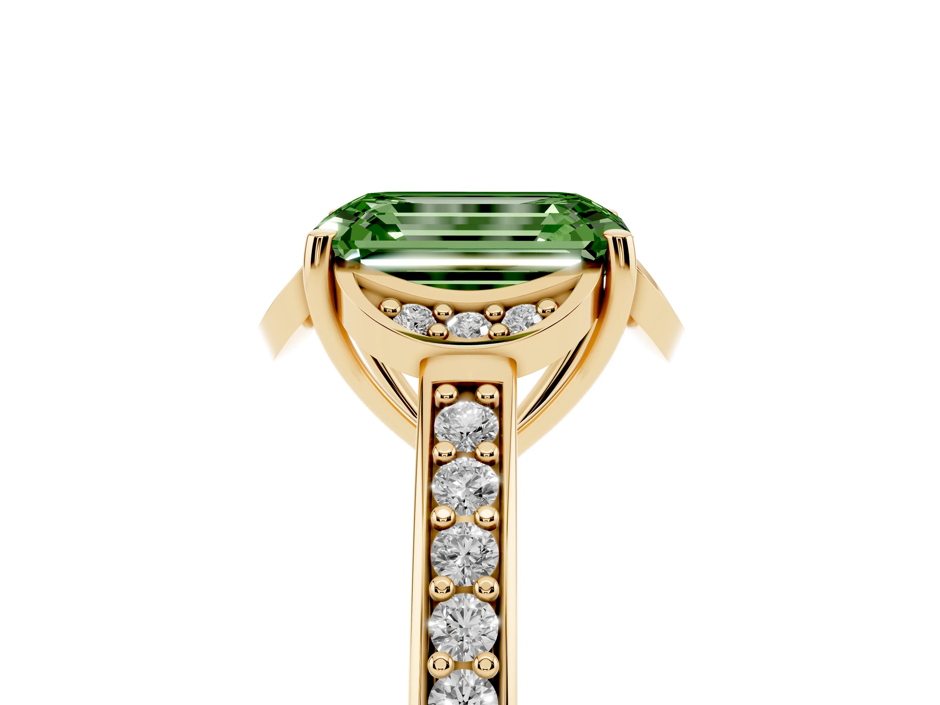 Fancy Green Emerald Cut Diamond Halo Ring Set in Yellow gold with Channel Set Band and Prong Setting