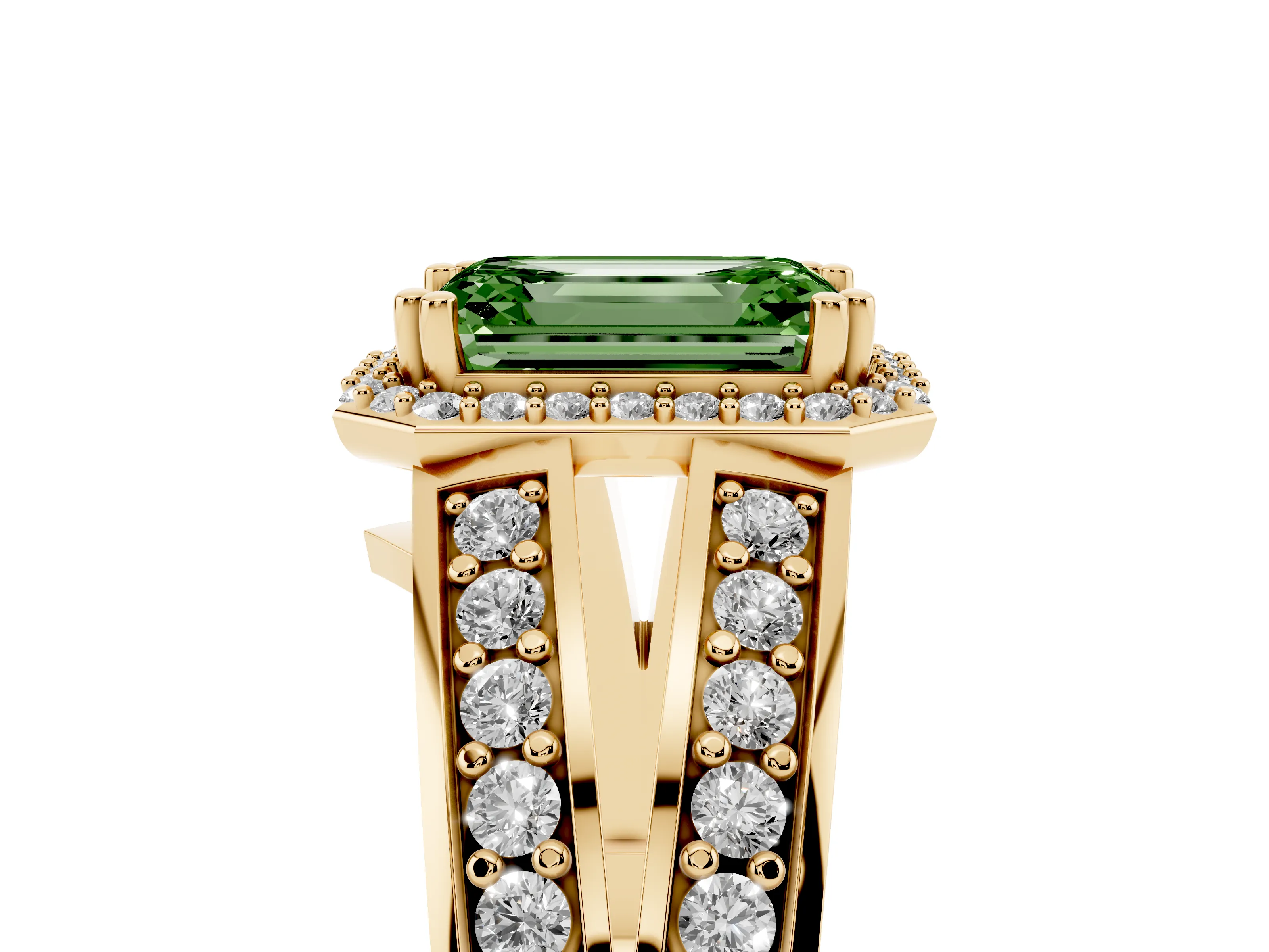 Fancy Green Emerald Cut Diamond Halo Ring Set in Yellow gold with Double Pavé Split Shank