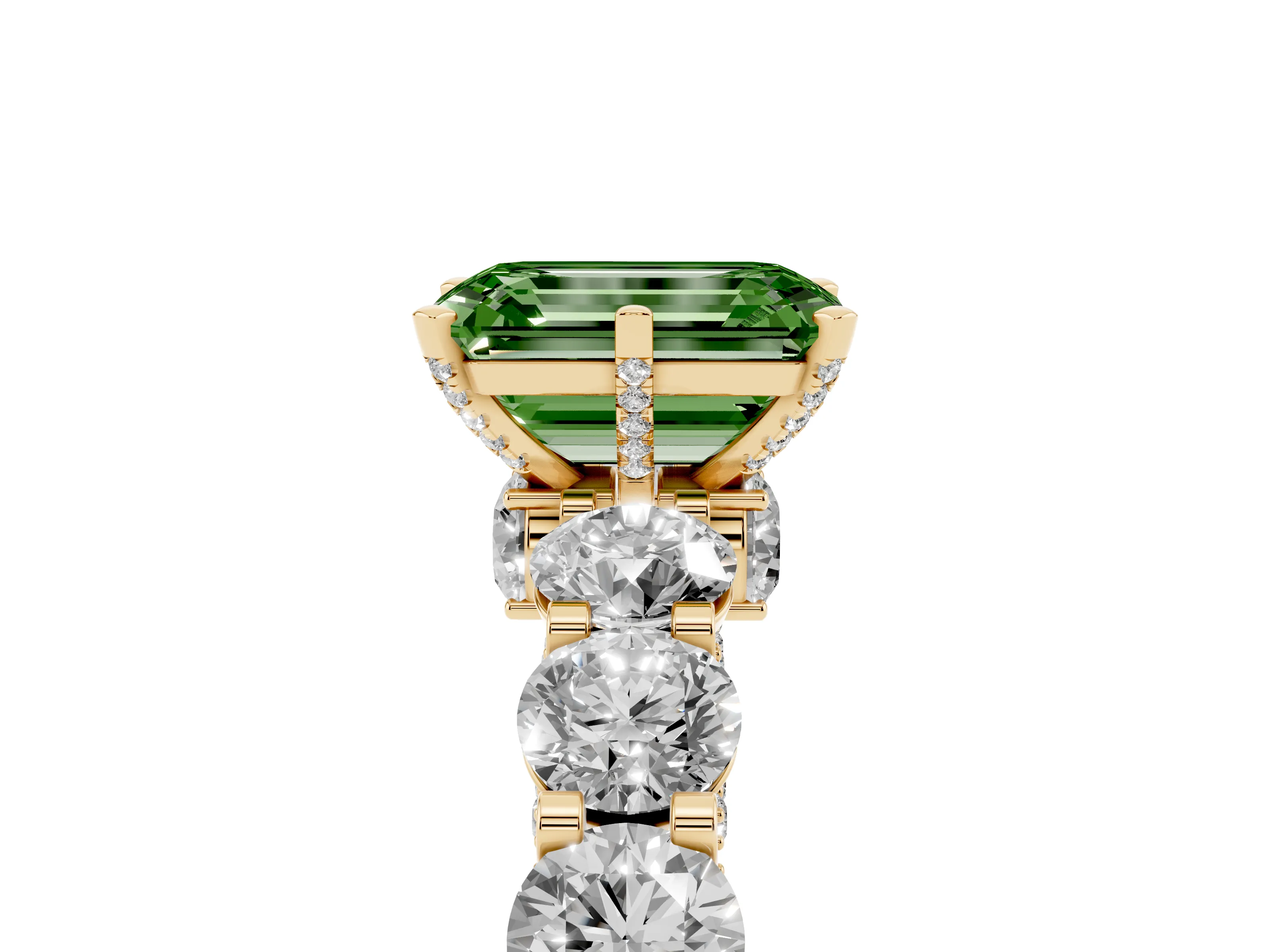 Fancy Green Emerald Cut Diamond Side Stone Ring Set in Yellow gold with Alternating Round and Oval Side Stones