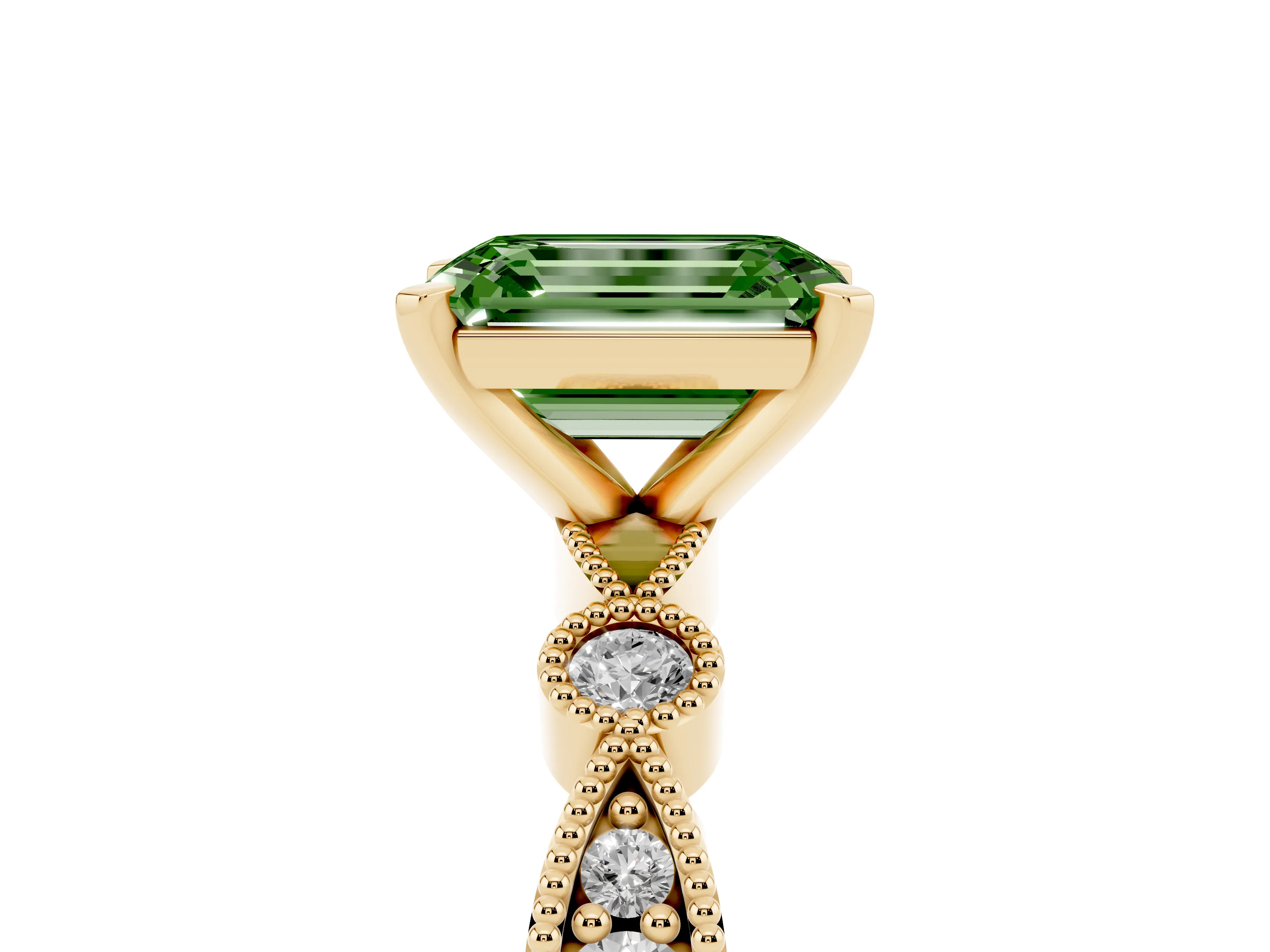 Fancy Green Emerald Cut Diamond Solitaire Engagement Ring Set in Yellow gold with Milgrain Bezel Accent Band