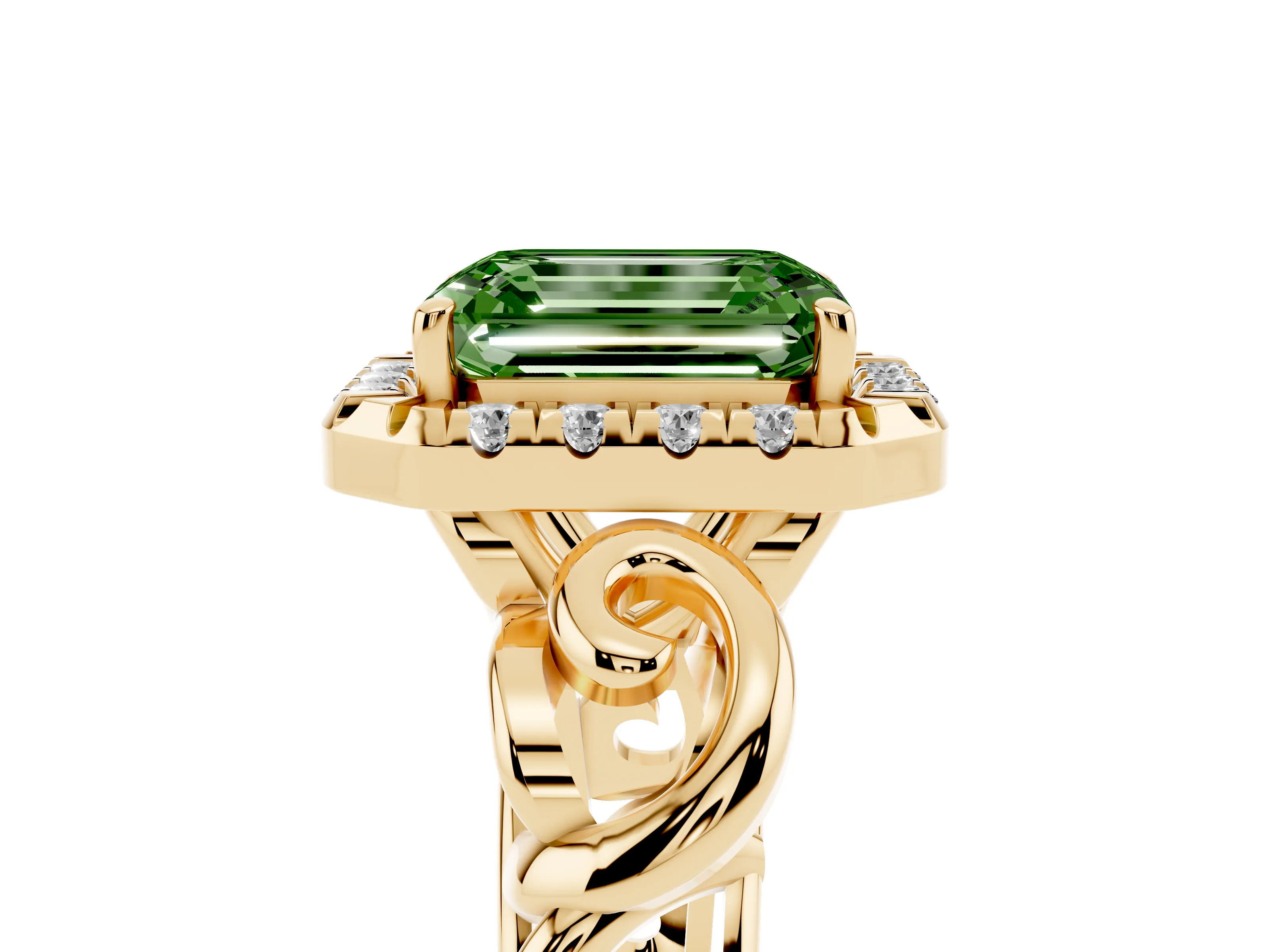 Fancy Green Emerald Cut Diamond Halo Ring Set in Yellow gold with Scrollwork Band and Prong Setting