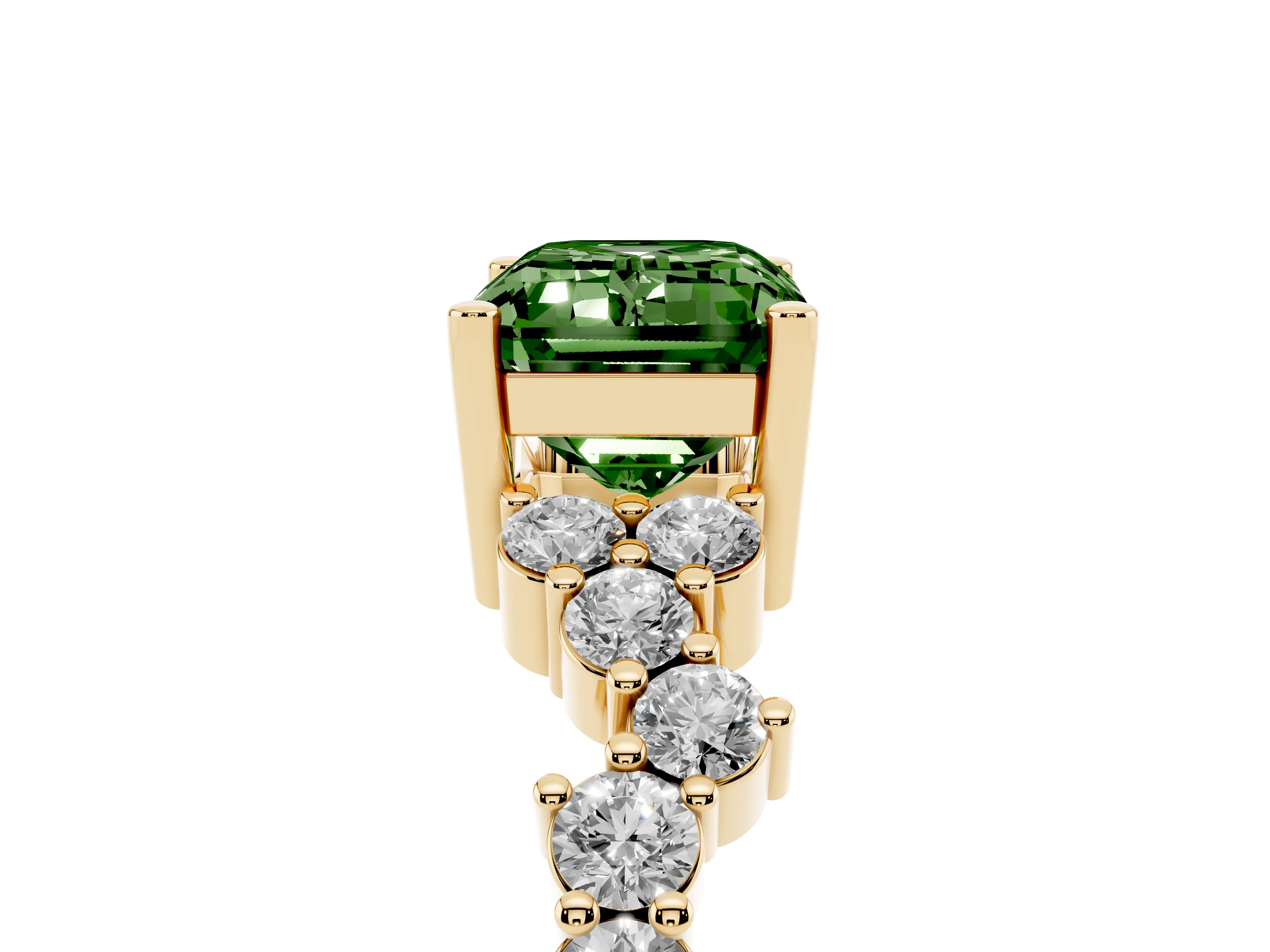 Fancy Green Emerald Cut Diamond Ring Set in Yellow gold with Scattered Round Accents