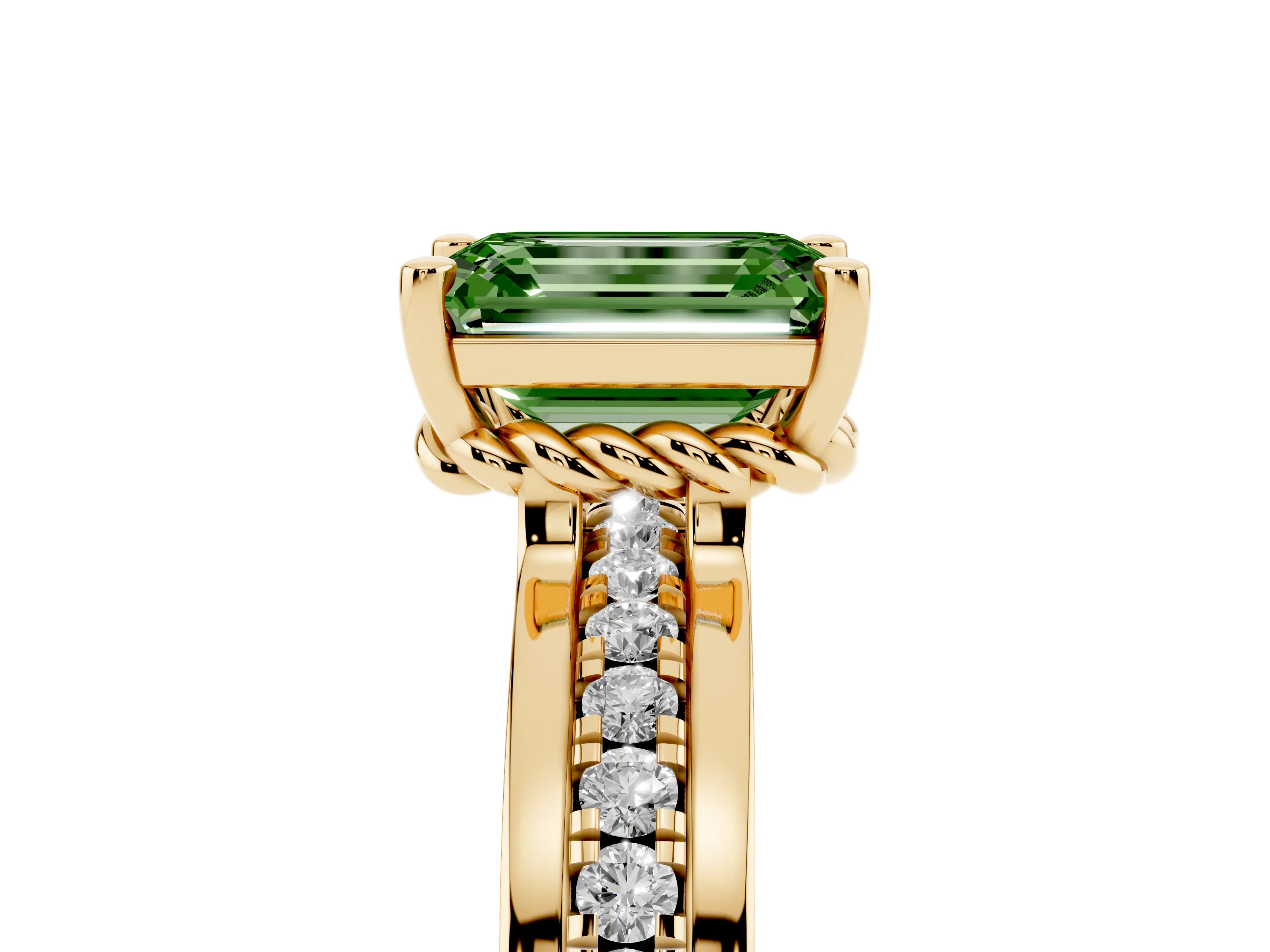 Fancy Green Emerald Cut Diamond Solitaire Ring Set in Yellow gold with Channel Set Band and Prong Setting