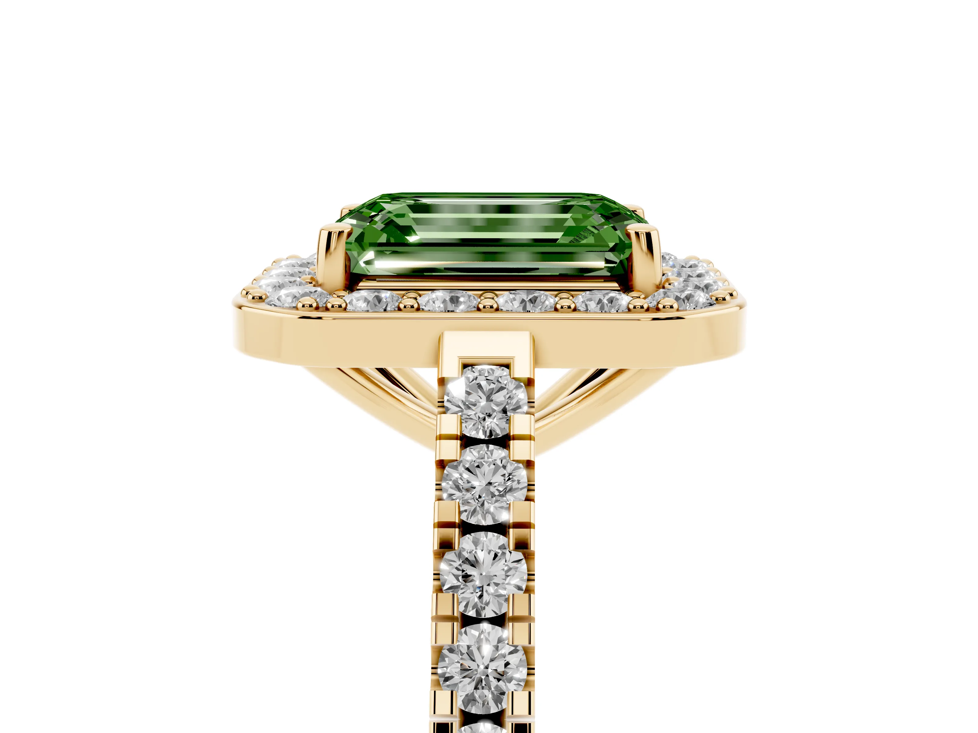 Fancy Green Emerald Cut Diamond Halo Ring Set in Yellow gold with Round Pavé Split Shank and Prong Setting