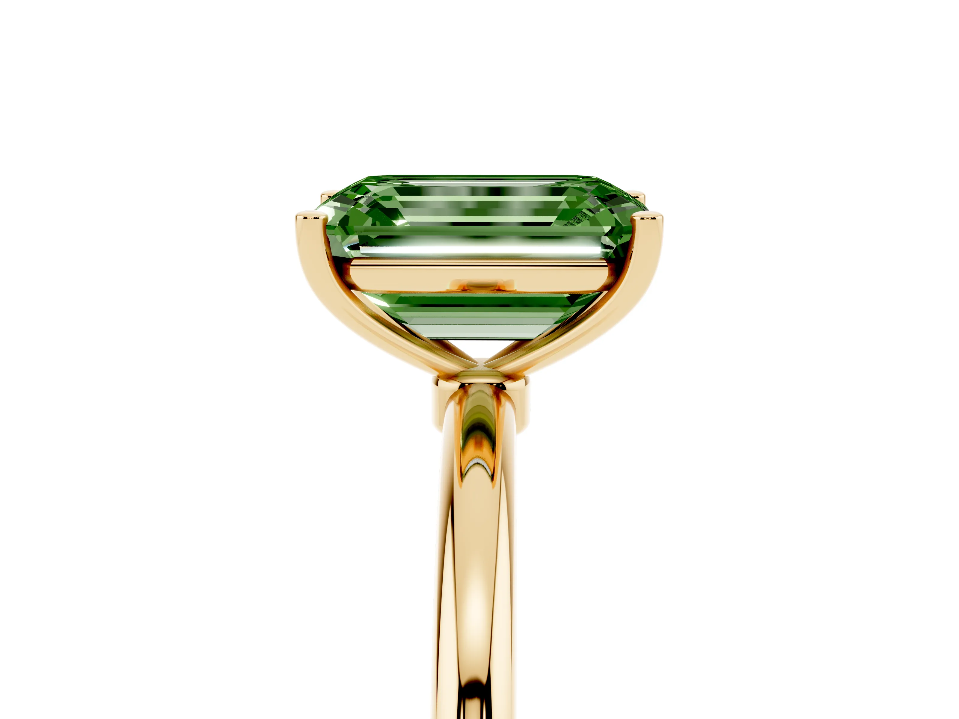 Fancy Green Emerald Cut Diamond Solitaire Engagement Ring Set in Yellow gold with Thin Band and Prong Setting