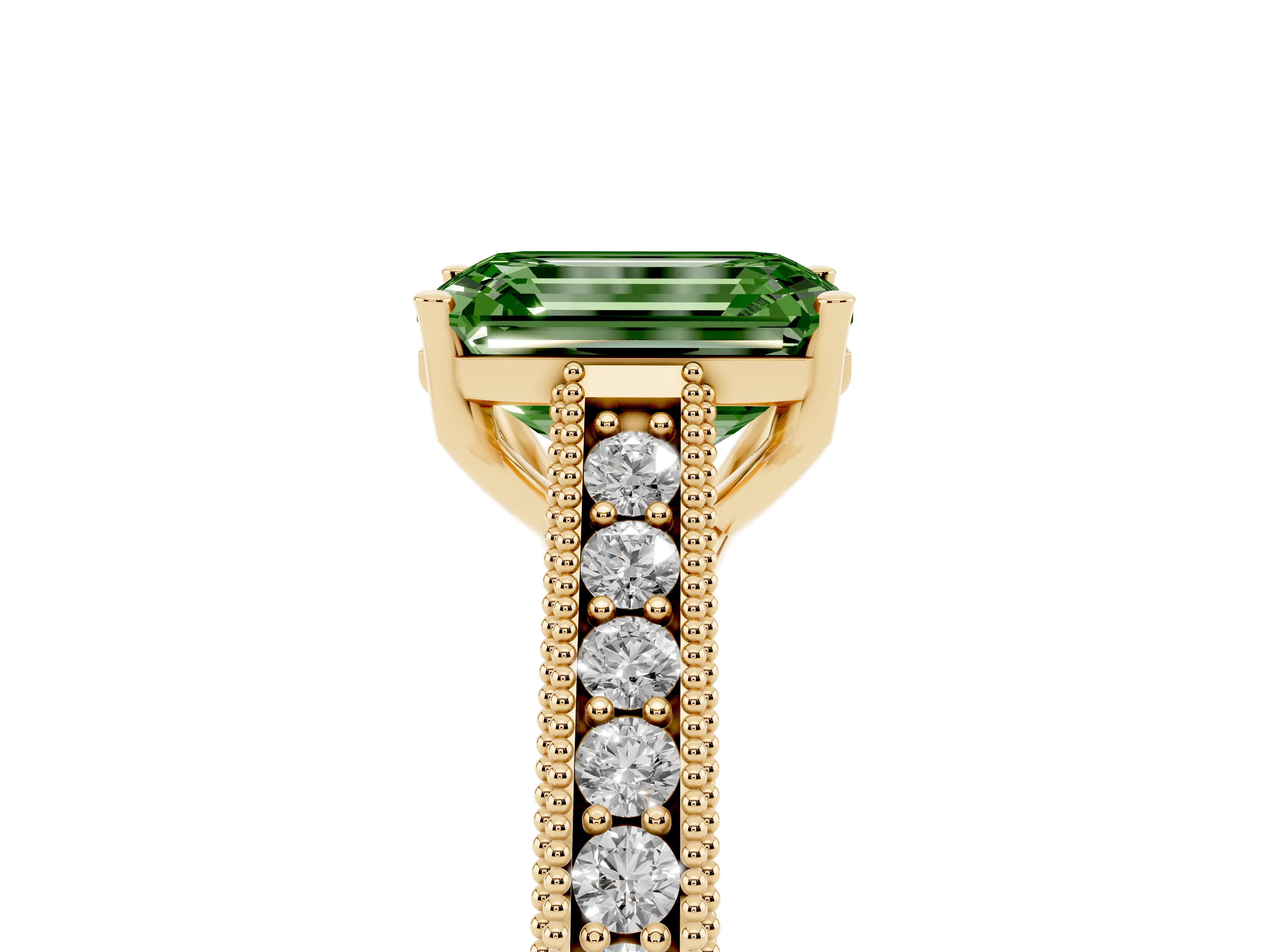 Fancy Green Emerald Cut Diamond Milgrain Pavé Band Solitaire Ring Set in Yellow gold with Prong Setting