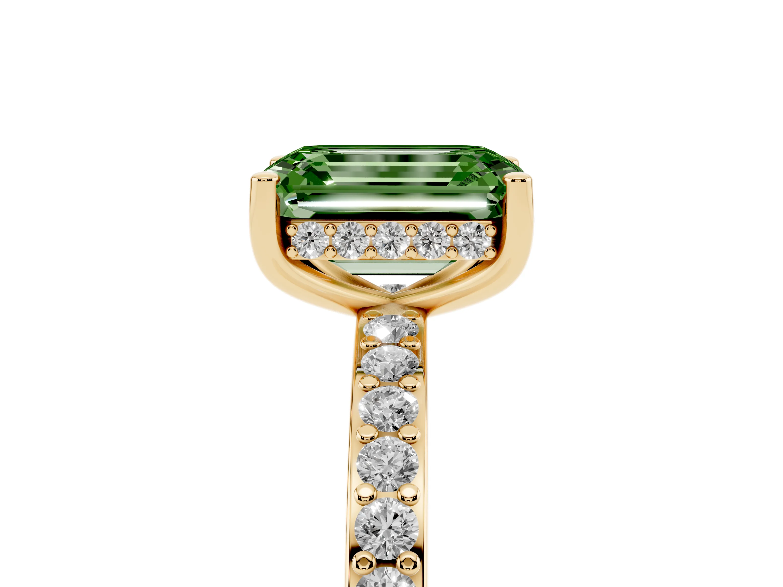 Fancy Green Emerald Cut Diamond Pavé Band Ring Set in Yellow gold with Prong-Set Center Stone