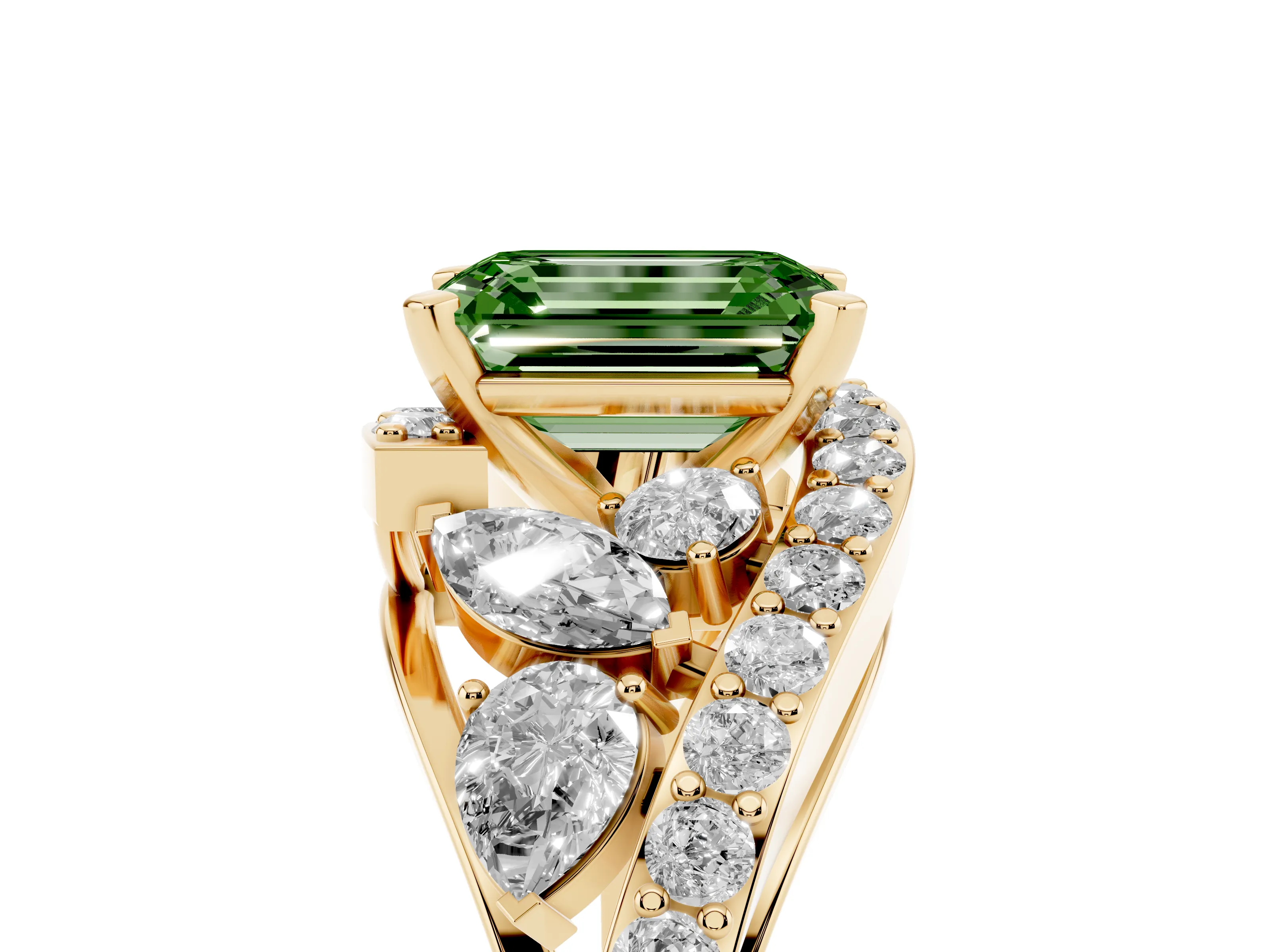 Fancy Green Emerald Cut Diamond Halo Ring Set in Yellow gold with Marquise and Pavé Band in Prong Setting