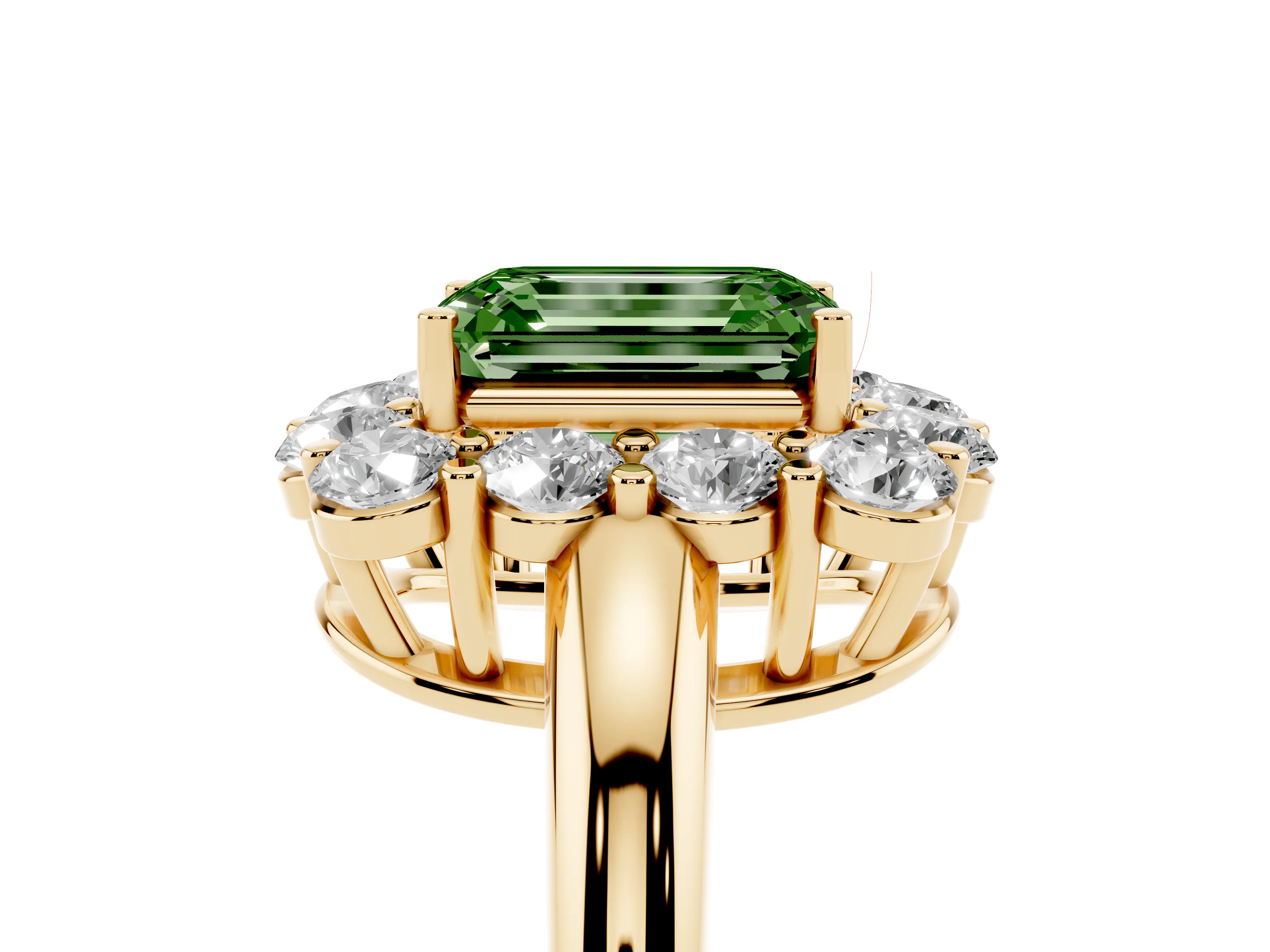 Fancy Green Emerald Cut Diamond Halo Cluster Engagement Ring Set in Yellow gold with Polished Band and Prong Setting