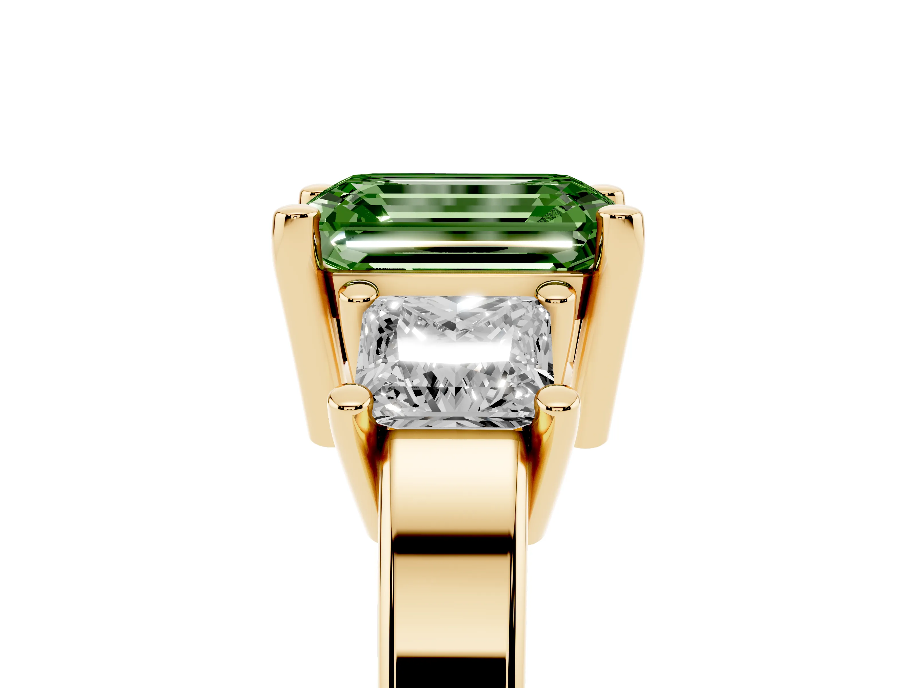 Fancy Green Three-Stone Emerald Cut Diamond Solitaire Ring Set in Yellow gold with Prong Setting