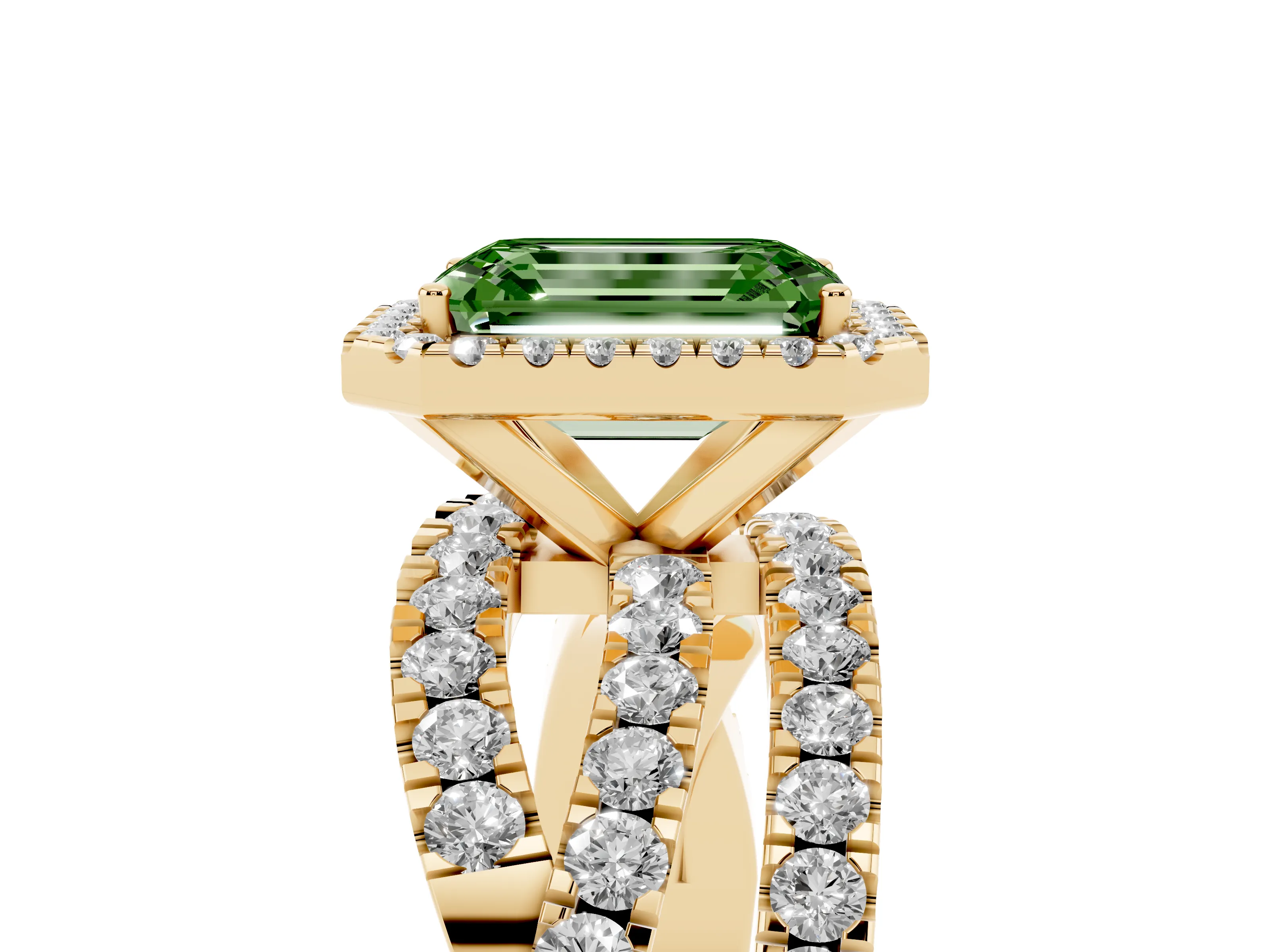 Fancy Green Emerald Cut Diamond Halo Ring Set in Yellow gold with Round Crossover Split Shank and Prong Setting