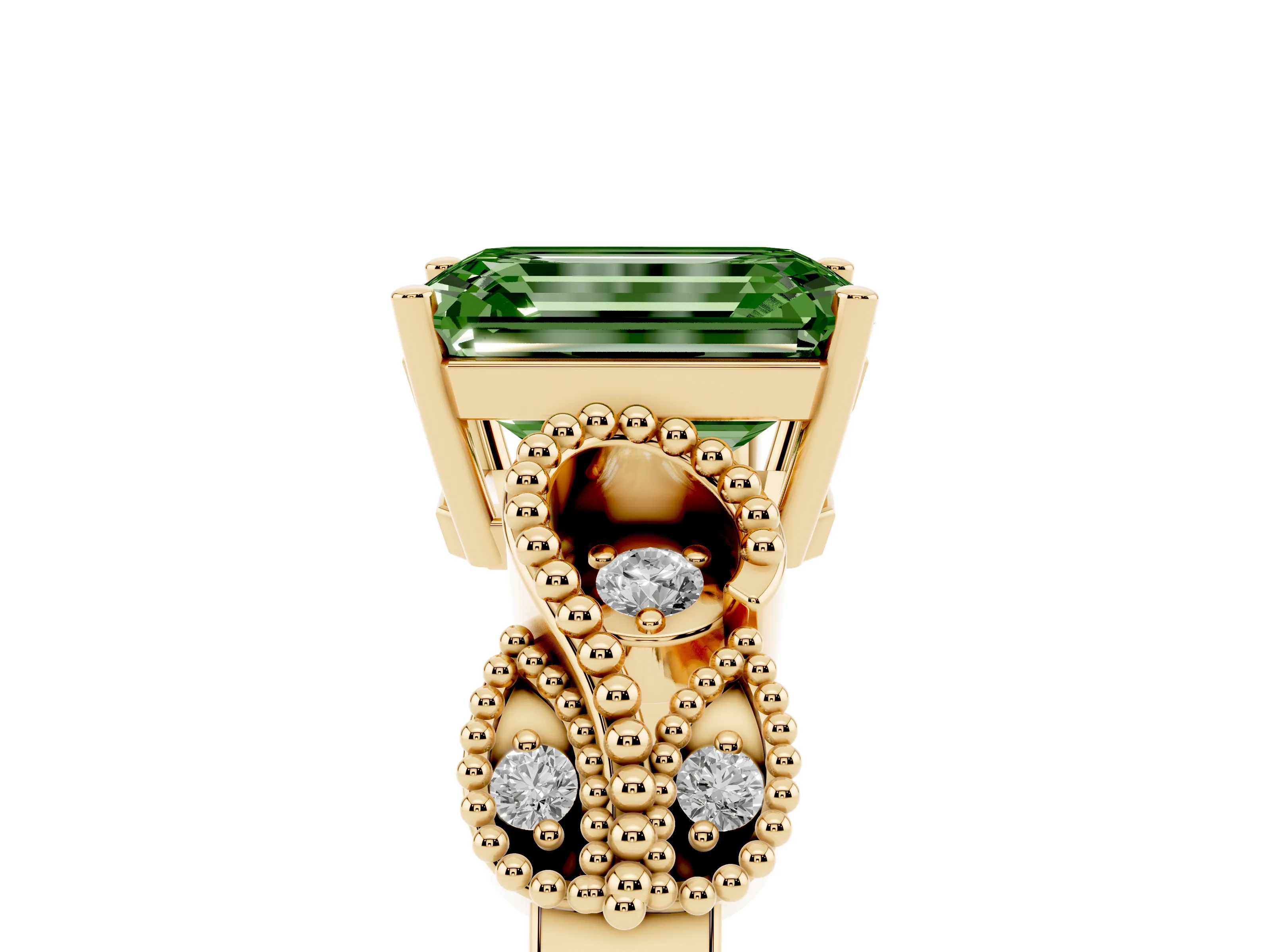 Fancy Green Emerald Cut Diamond Milgrain Leaf Band Solitaire Ring Set in Yellow gold with Accent Stones and Prong Setting