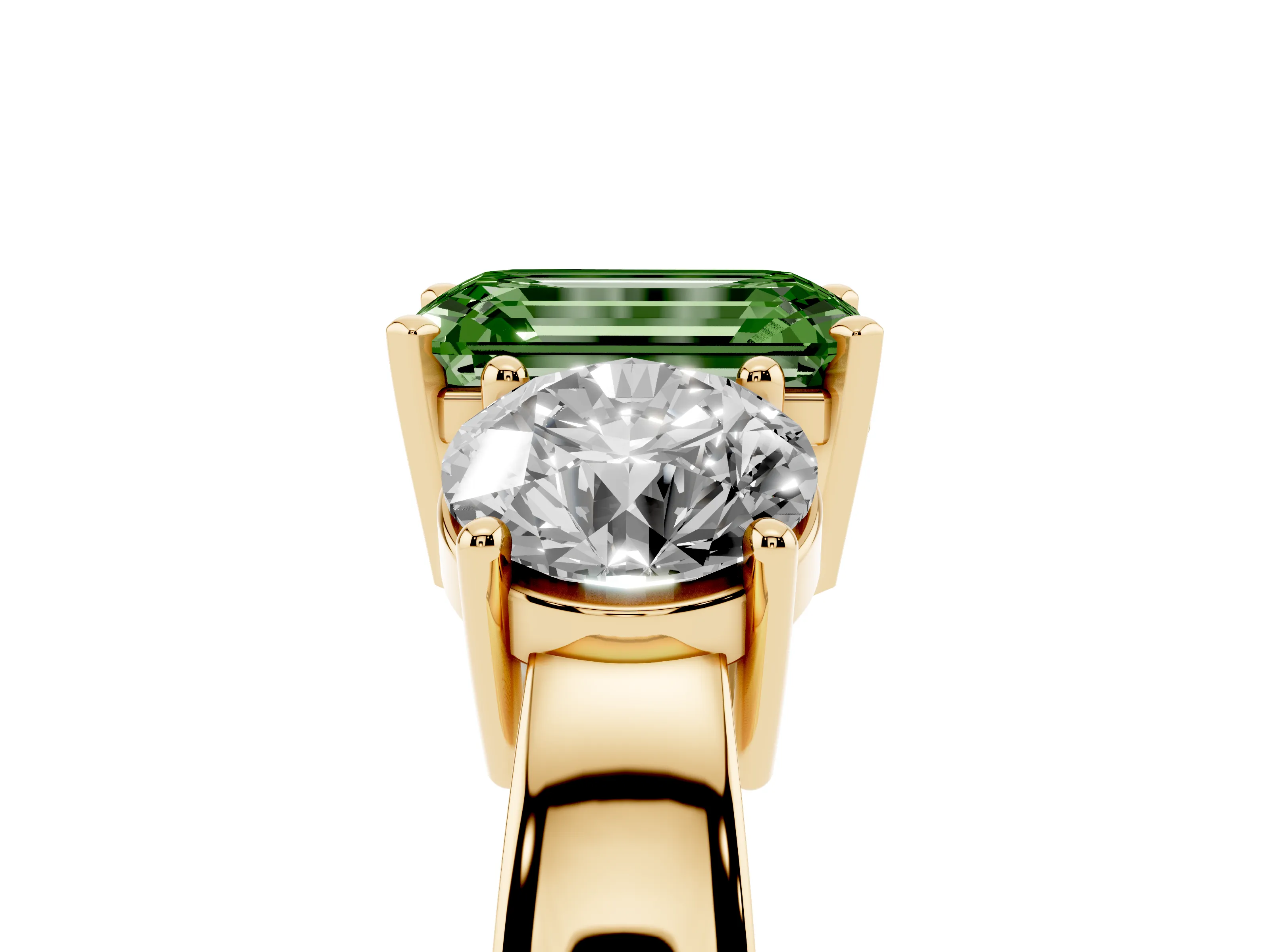 Fancy Green Emerald Cut Diamond Three-Stone Ring Set in Yellow gold with Round Side Stones and Classic Band