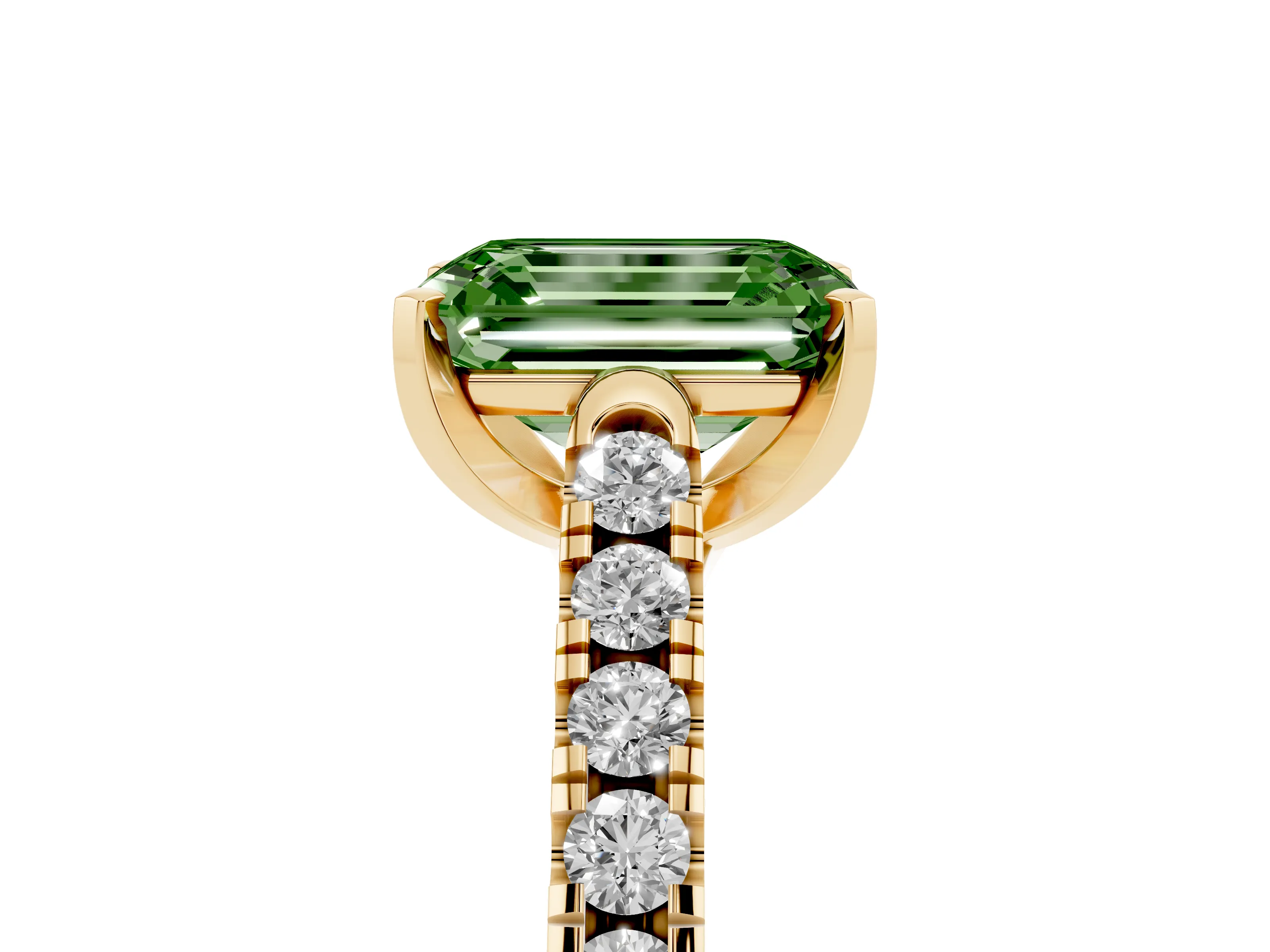 Fancy Green Emerald Cut Diamond Pavé Band Solitaire Ring Set in Yellow gold with Partway Accent Stones and Prong Setting