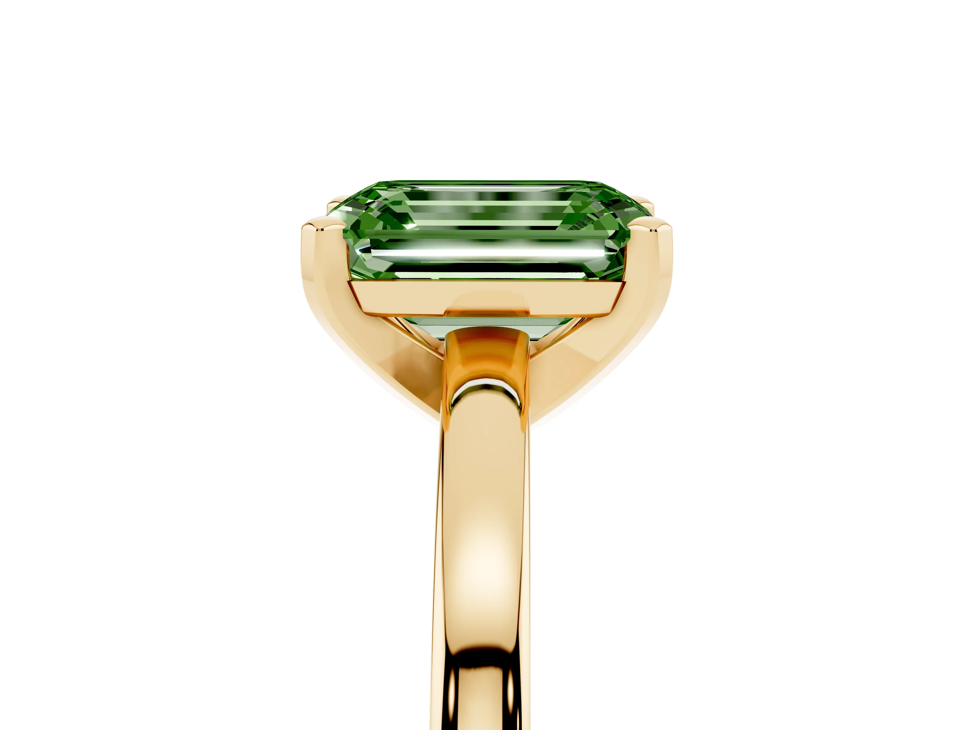 Fancy Green Emerald Cut Diamond Solitaire Engagement Ring Set in Yellow gold with Prong Setting on a Classic Band