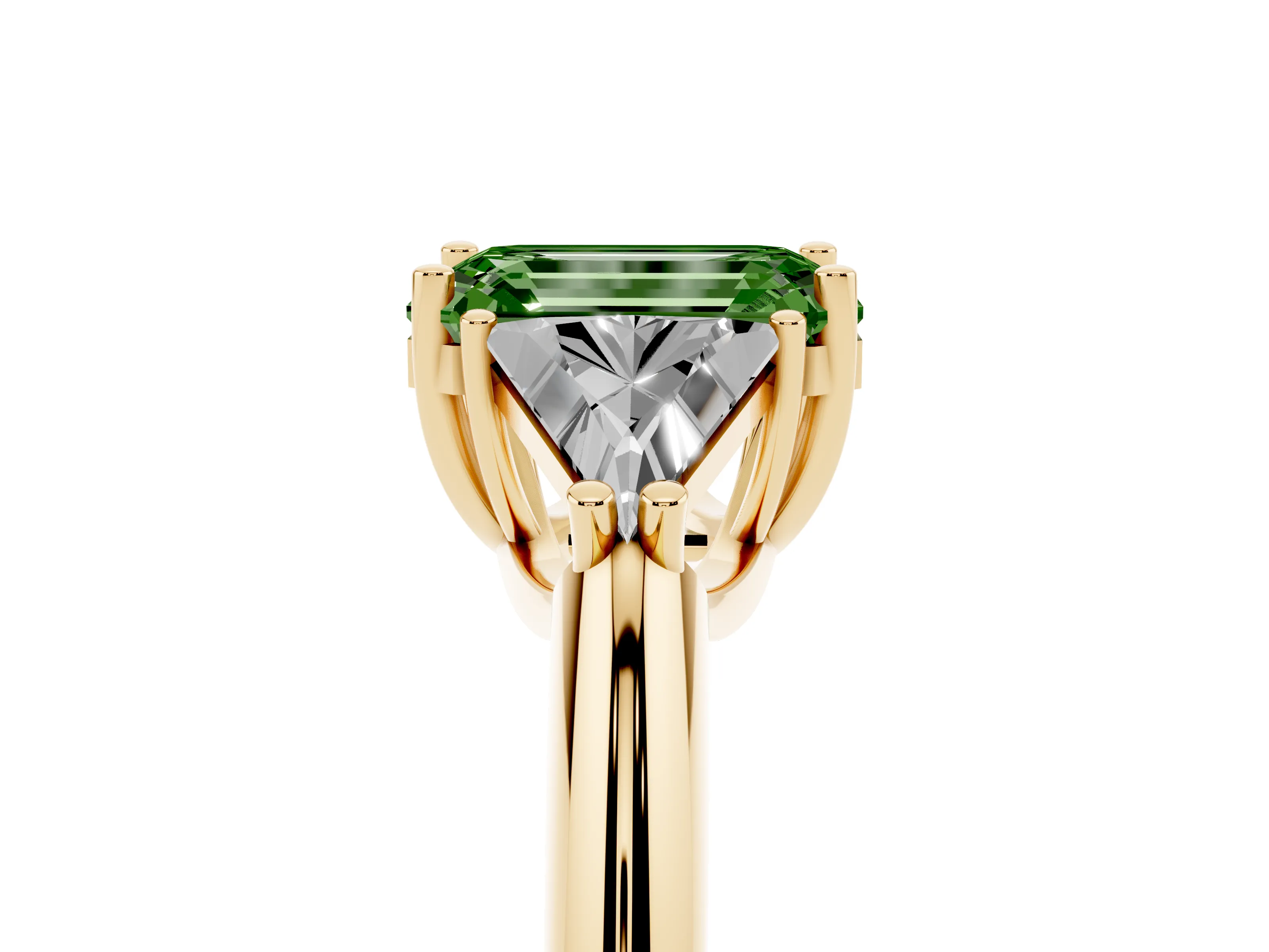 Fancy Green Emerald Cut Diamond Three-Stone Engagement Ring Set in Yellow gold with Trillion Side Stones