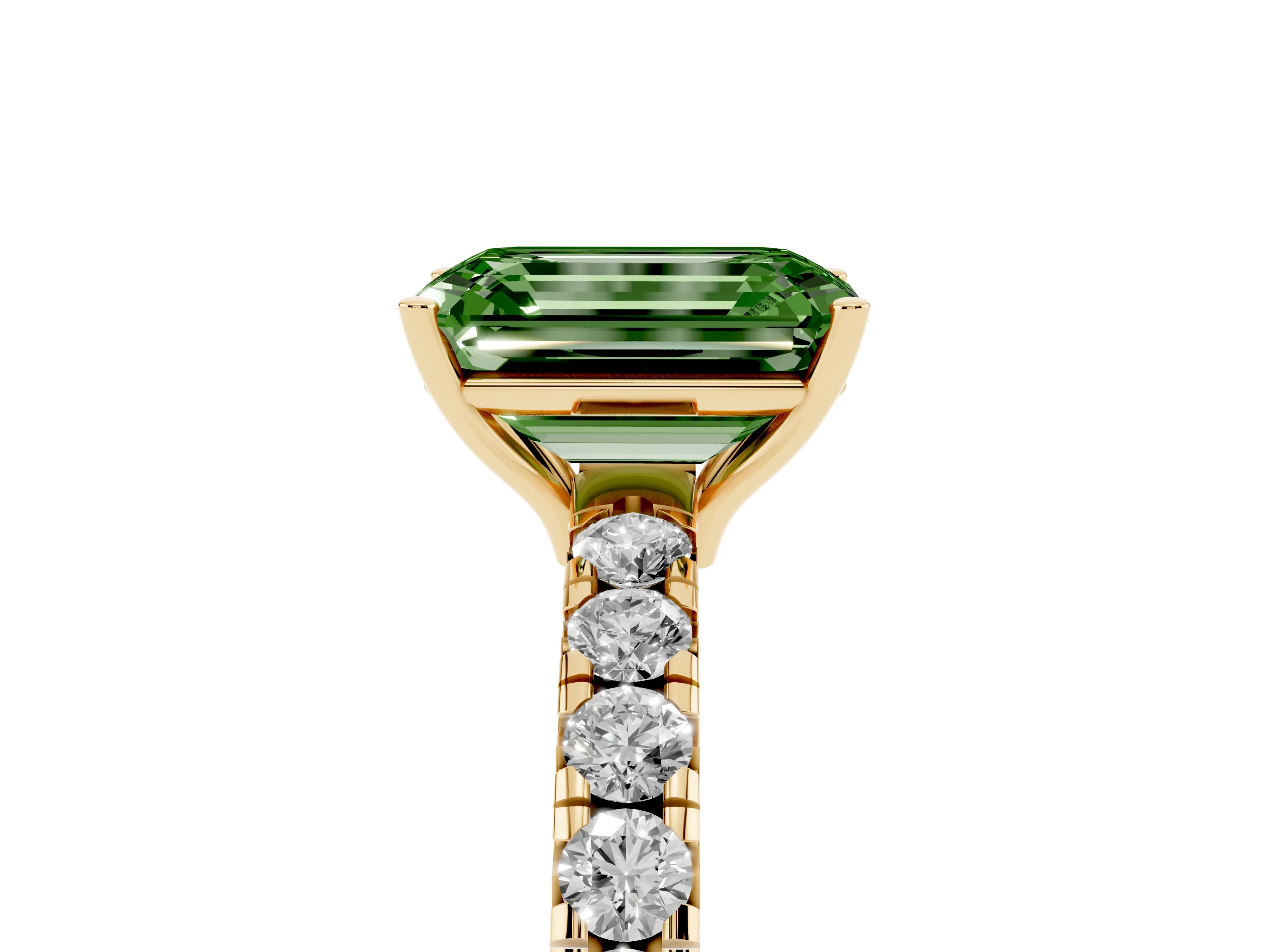 Fancy Green Emerald Cut Diamond Pavé Solitaire Engagement Ring Set in Yellow gold with Prong Setting