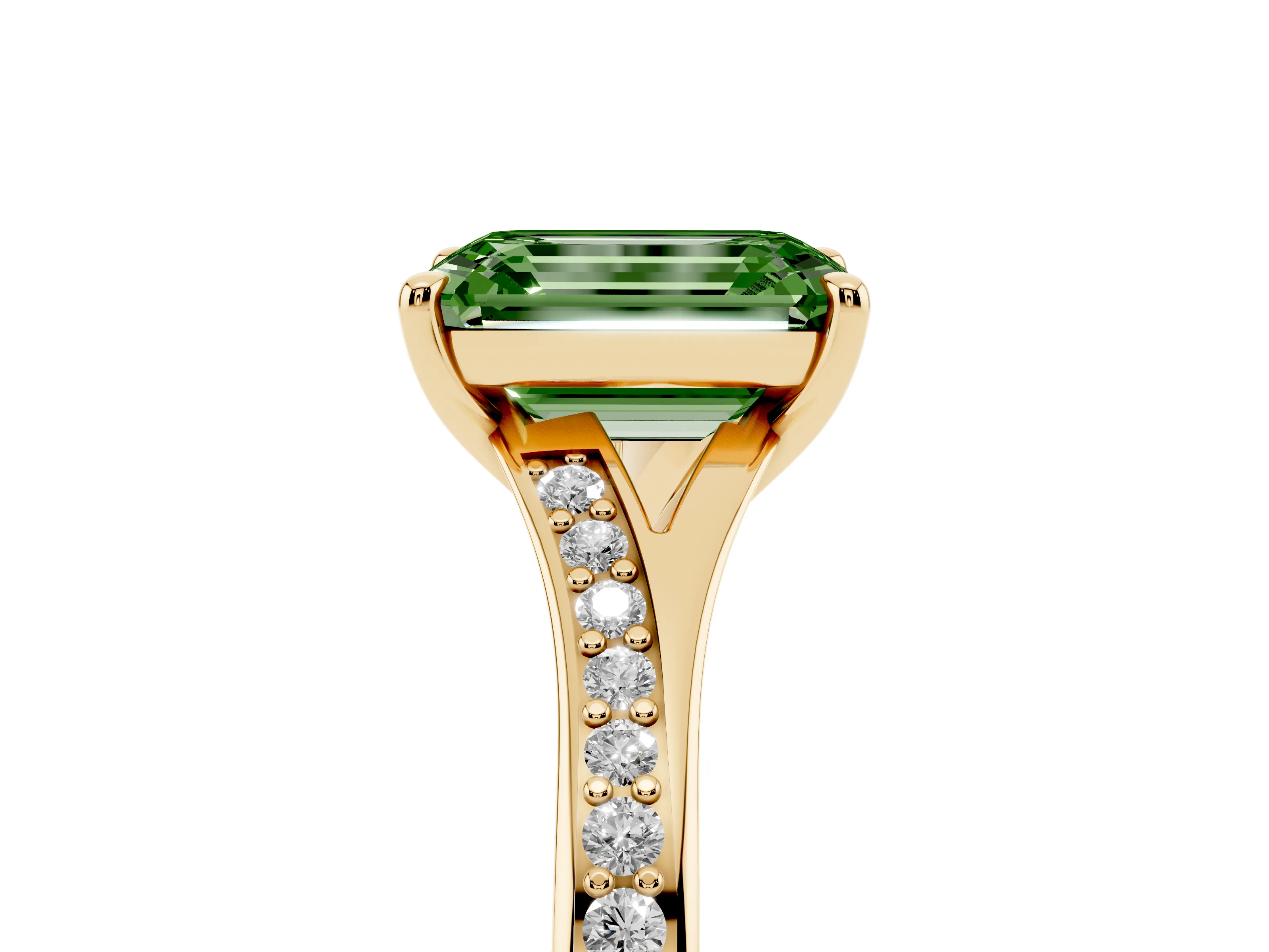 Fancy Green Emerald Cut Diamond Solitaire Ring Set in Yellow gold with Pavé Accent Band and Classic Prong Setting