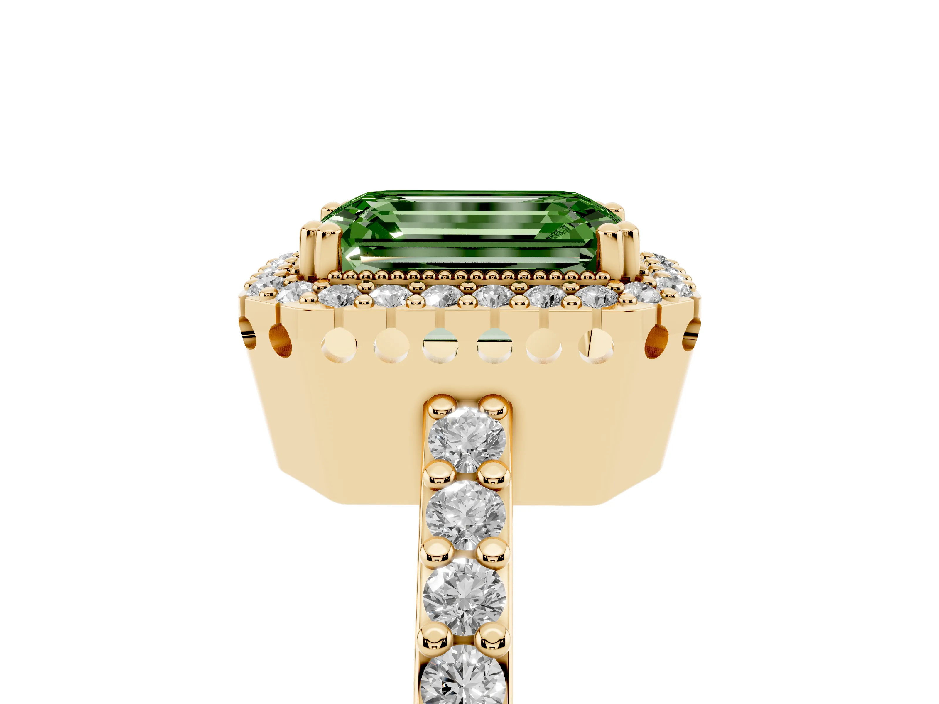 Fancy Green Emerald Cut Diamond Halo Engagement Ring Set in Yellow gold with Milgrain Detail and Pavé Band