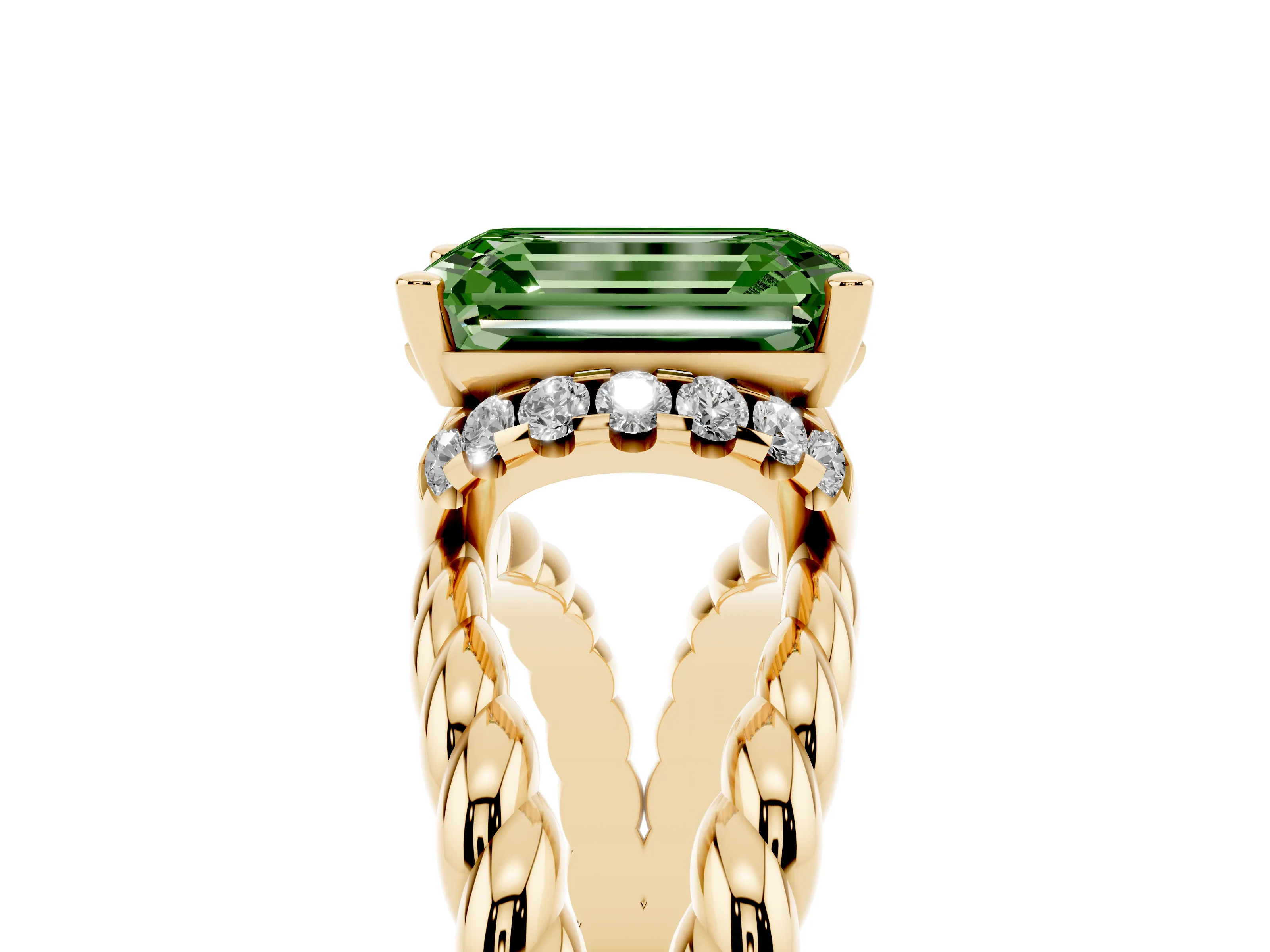 Fancy Green Emerald Cut Diamond Halo Ring Set in Yellow gold with Twisted Band and Prong Setting