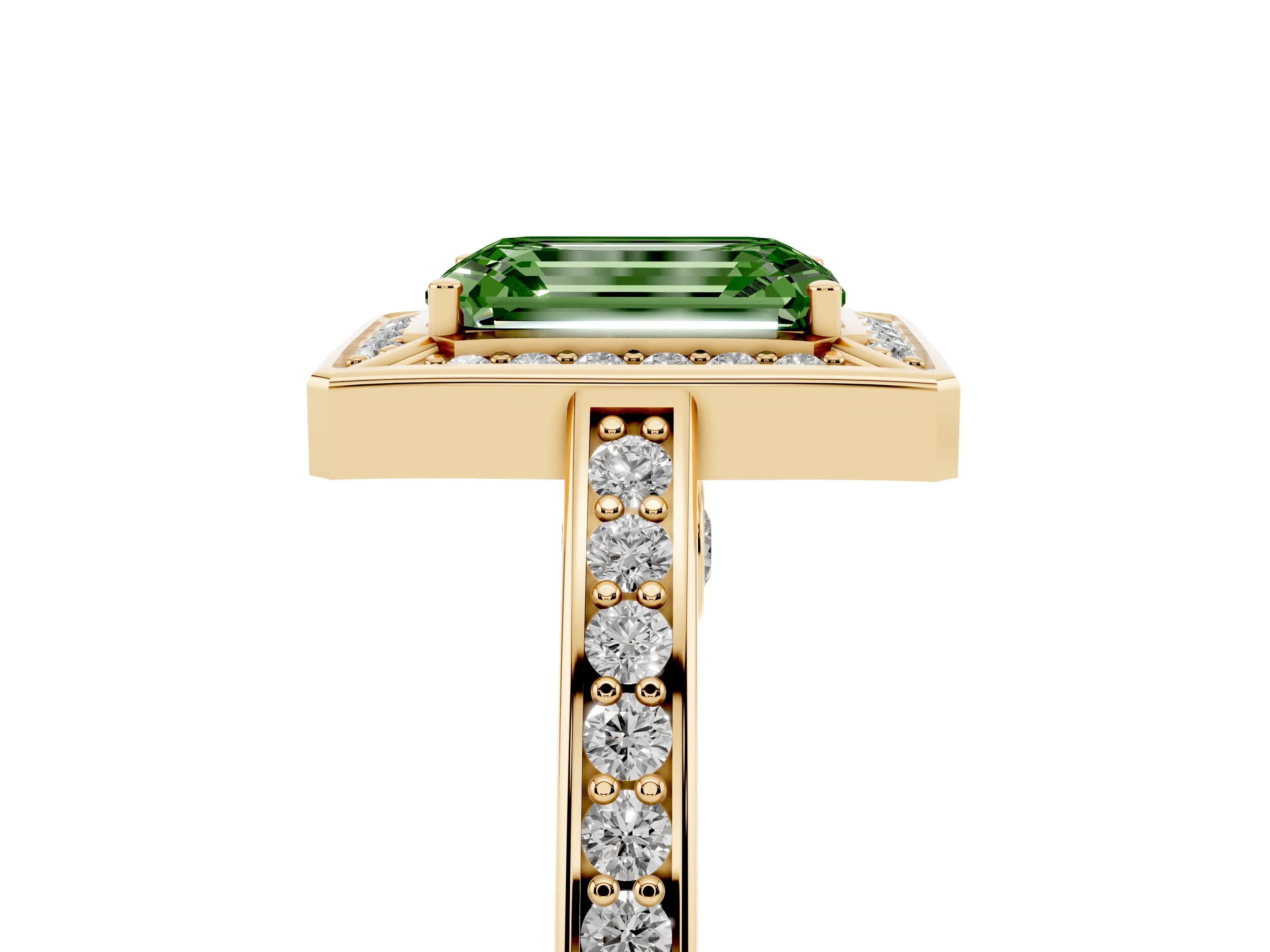 Fancy Green Emerald Cut Diamond Halo Pavé Split Shank Ring Set in Yellow gold with Prong Setting