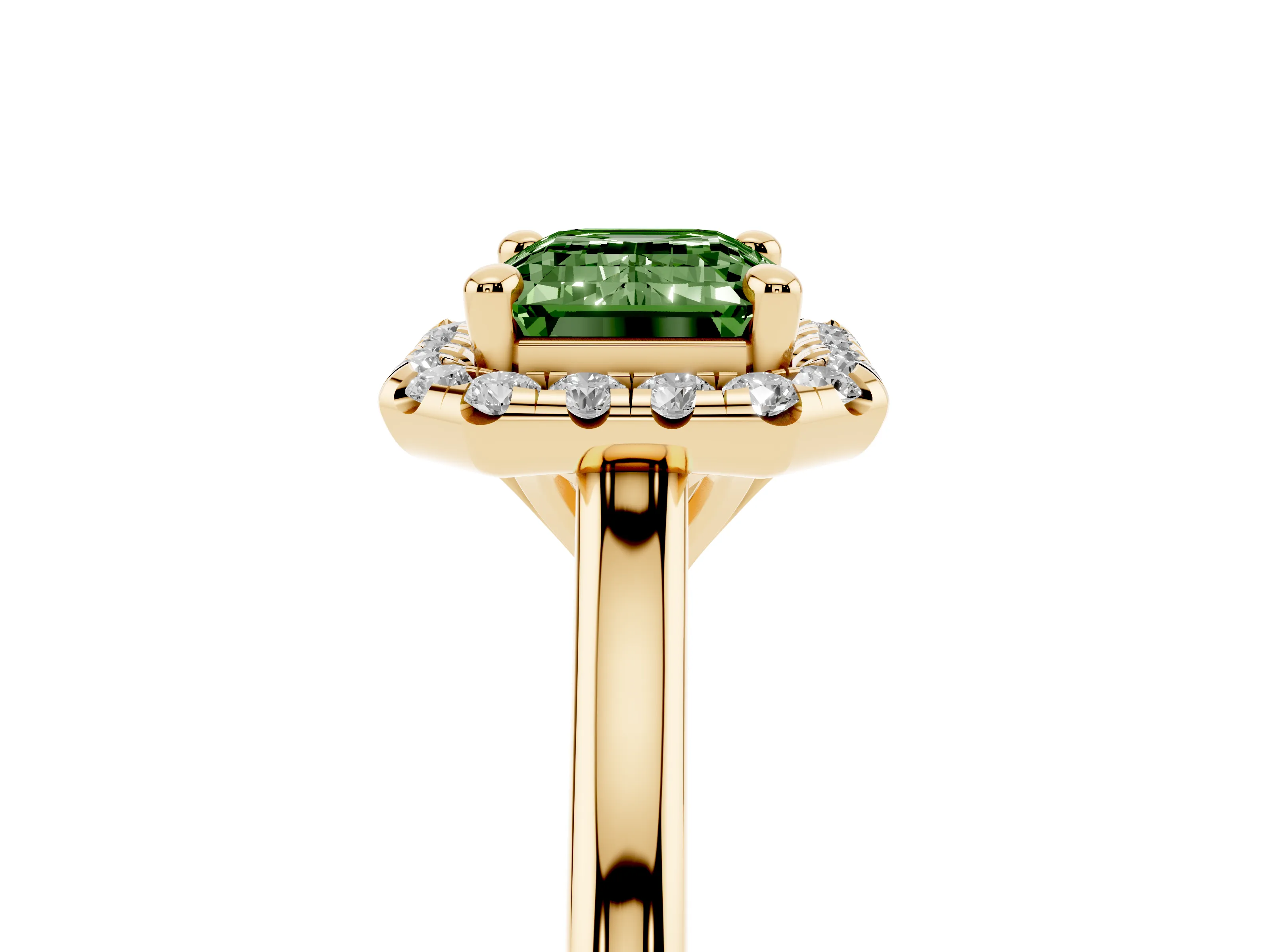 Fancy Green Emerald Cut Diamond Halo Engagement Ring Set in Yellow gold with Pavé Band and Rising Shoulders