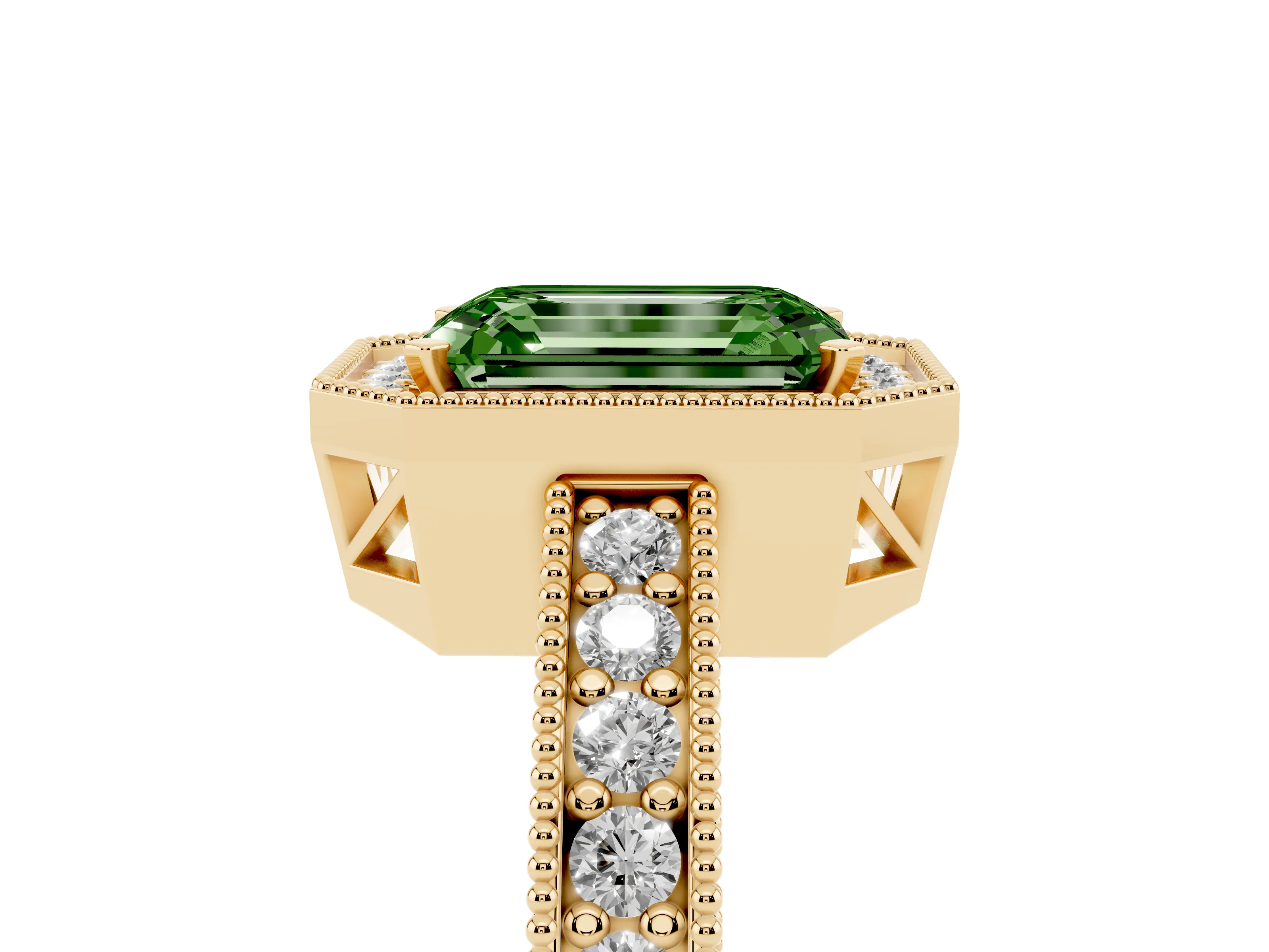 Fancy Green Emerald Cut Diamond Halo Pavé Band Ring Set in Yellow gold with Prong-Set Center