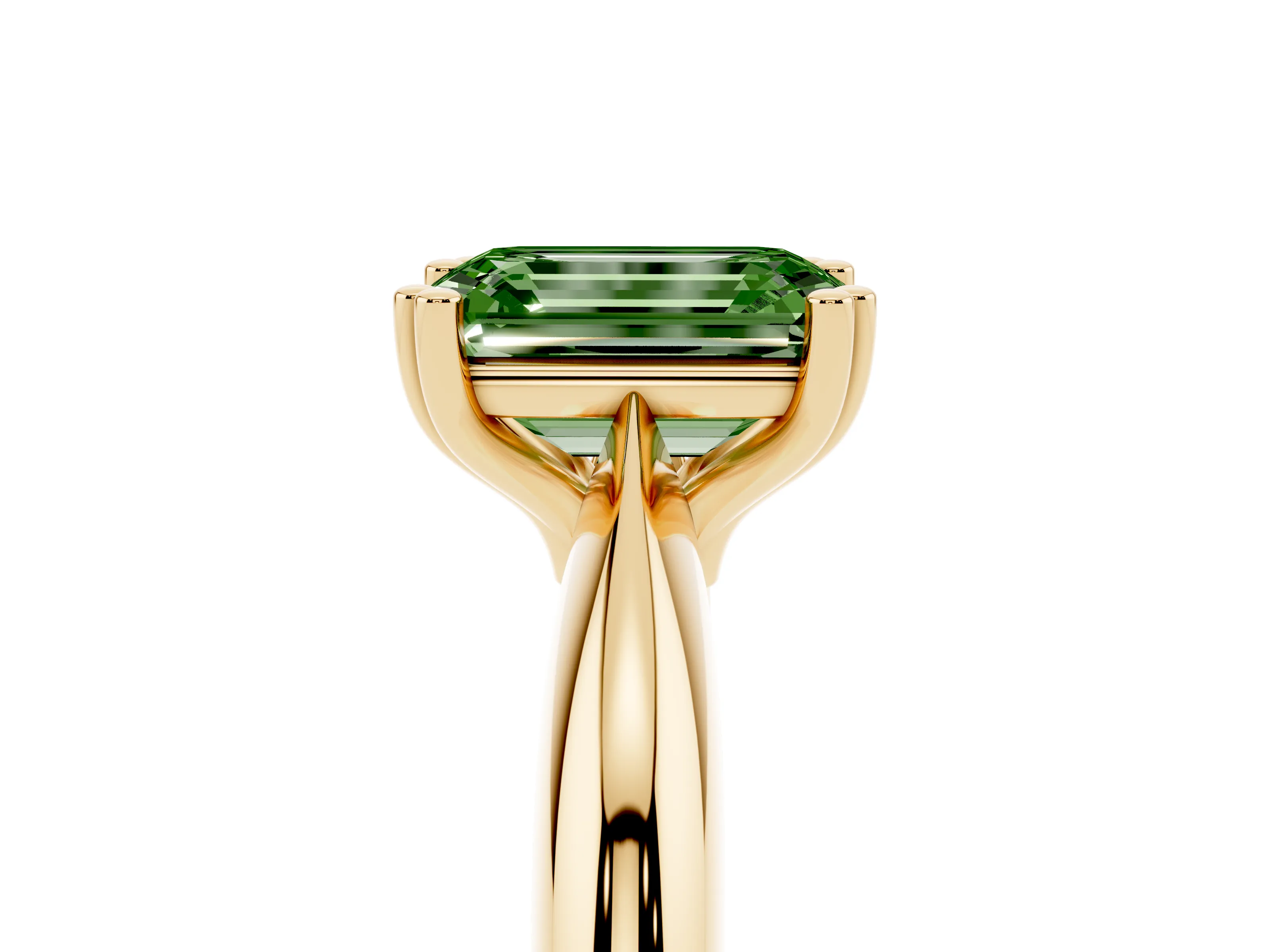Fancy Green Emerald Cut Diamond Solitaire Engagement Ring Set in Yellow gold with Tapered Band and Prong Setting