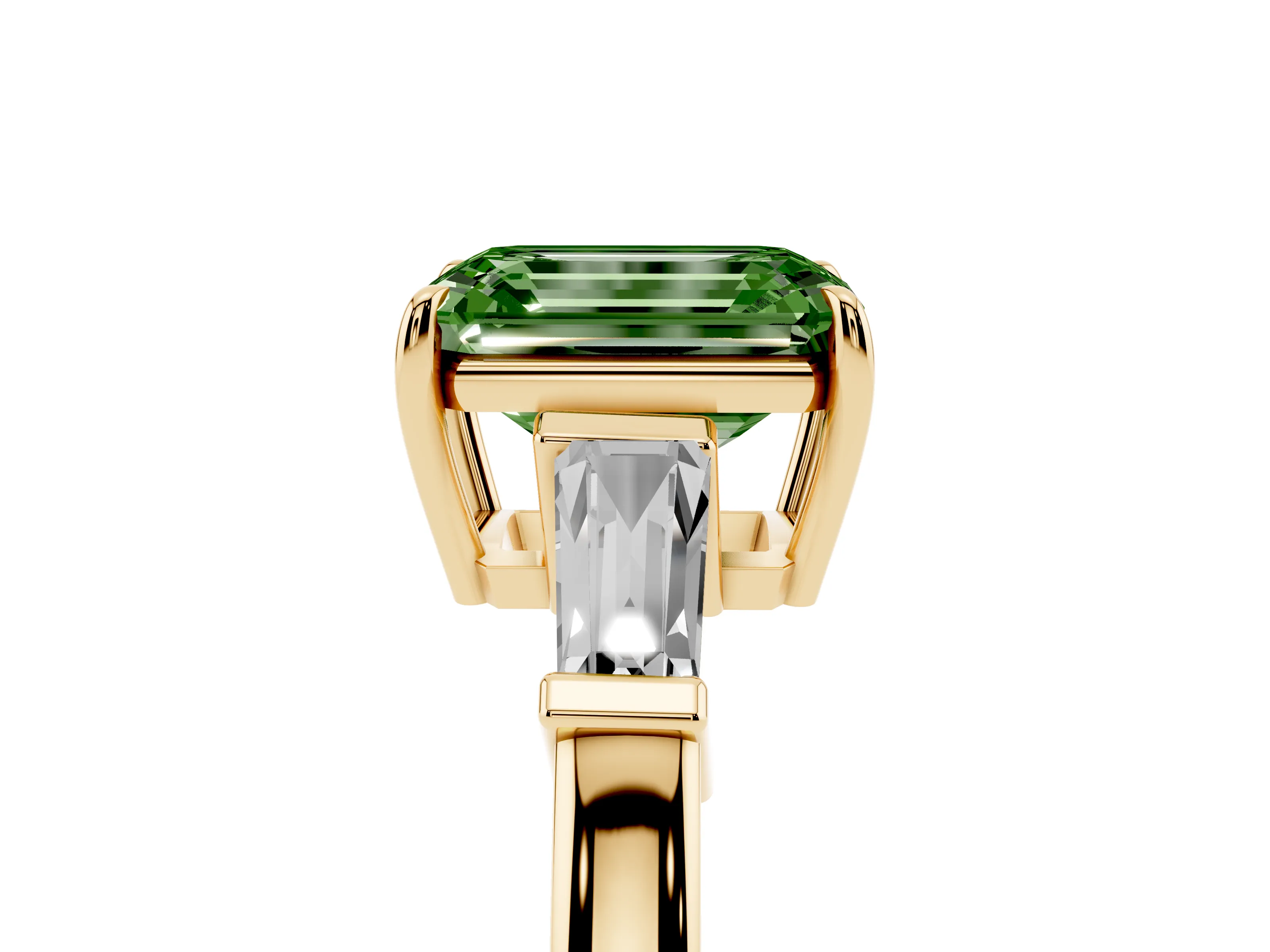 Fancy Green Emerald Cut Diamond Three-Stone Ring Set in Yellow gold with Tapered Baguette Side Stones and Prong Setting