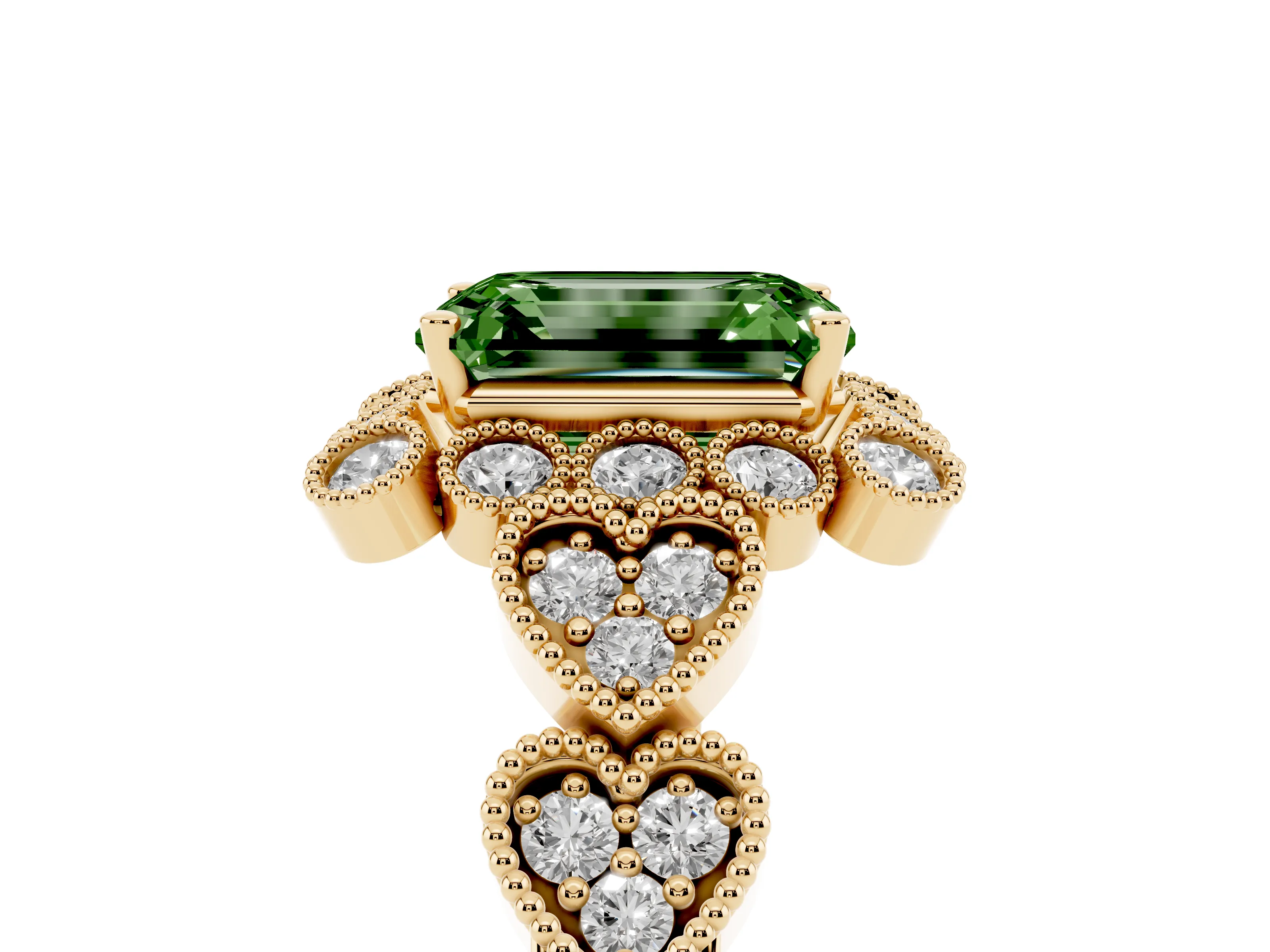 Fancy Green Emerald Cut Diamond Solitaire Ring Set in Yellow gold with Milgrain Pavé Heart Band