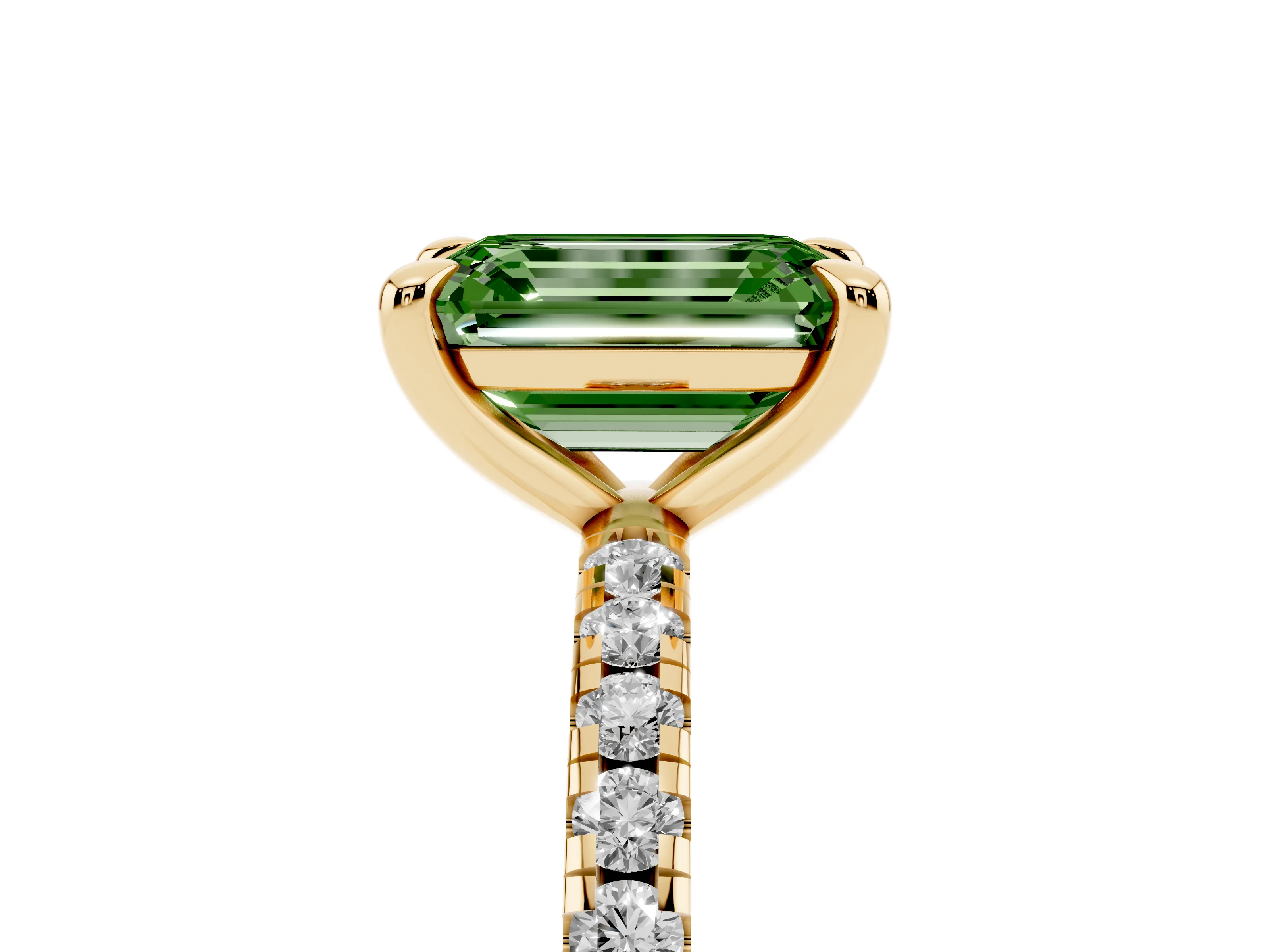 Fancy Green Emerald Cut Diamond Brilliant Solitaire Ring Set in Yellow gold with Pavé Band and Prong Setting