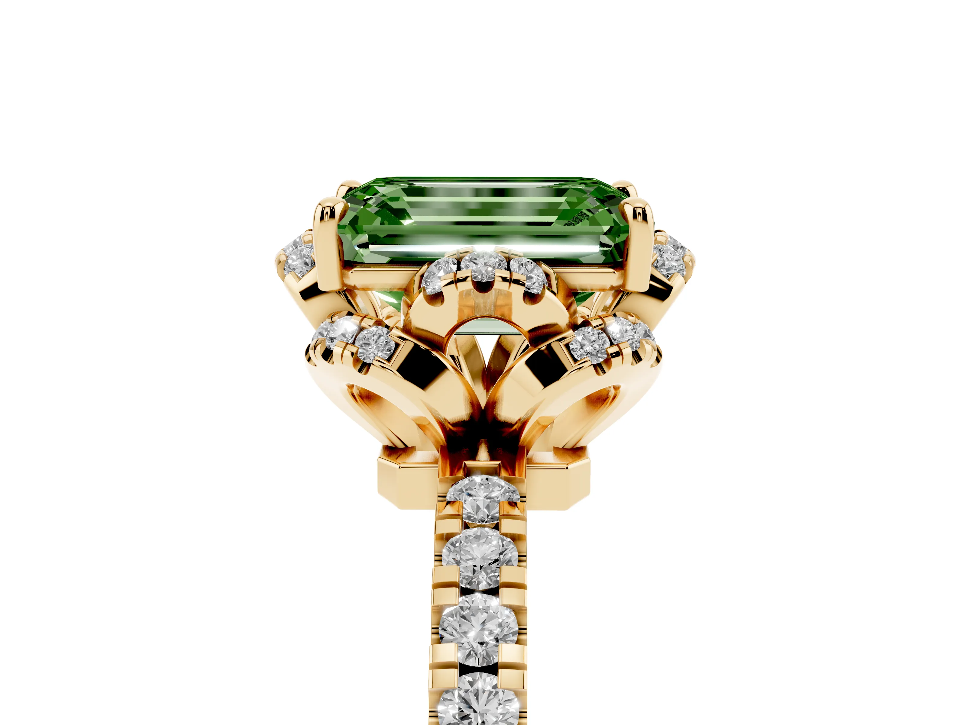 Fancy Green Emerald Cut Diamond Halo Pavé Band Ring Set in Yellow gold with Prong-Held Center
