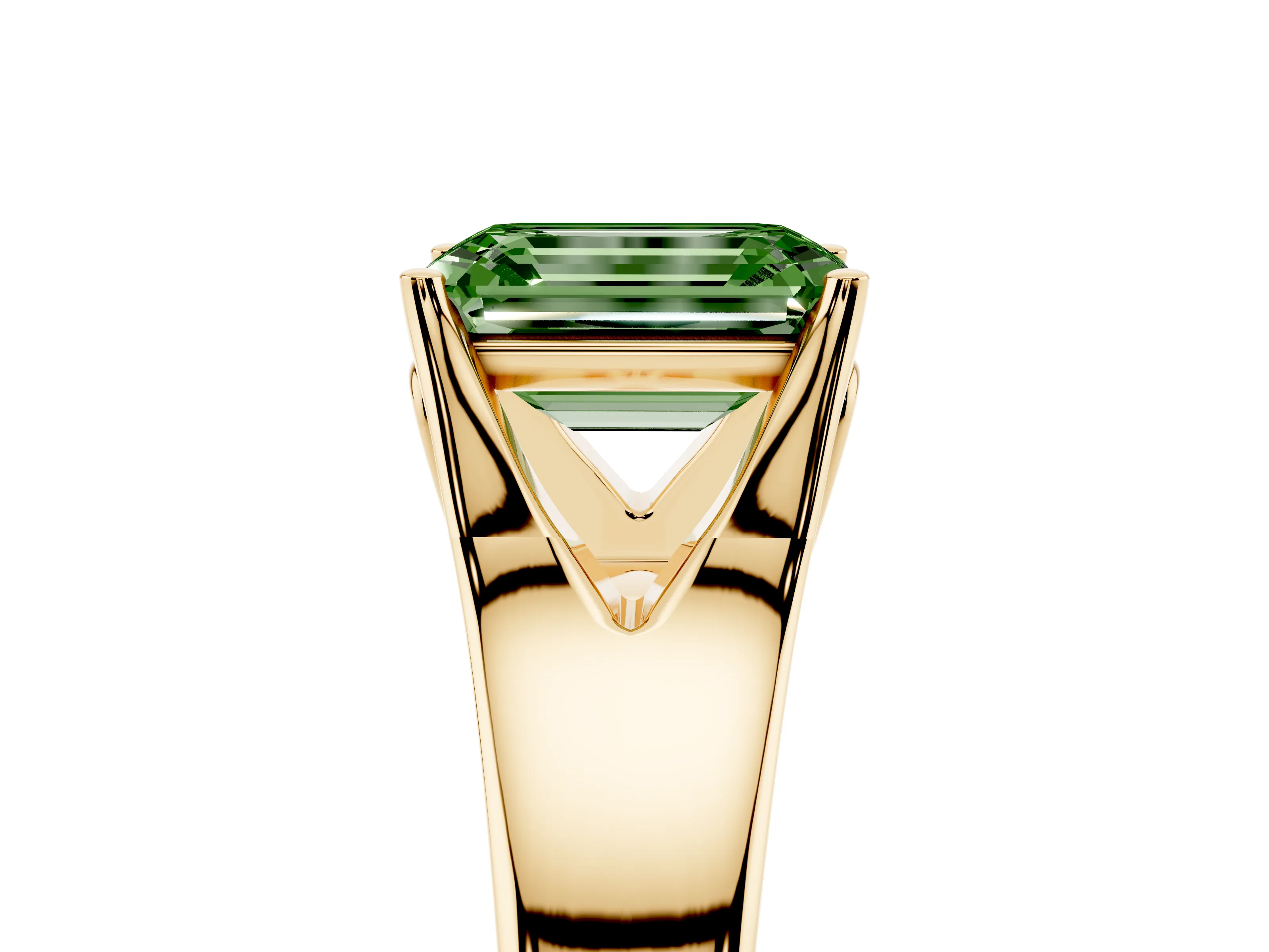 Fancy Green Emerald Cut Diamond Solitaire Ring Set in Yellow gold with Arched Cathedral Band and Prong Setting