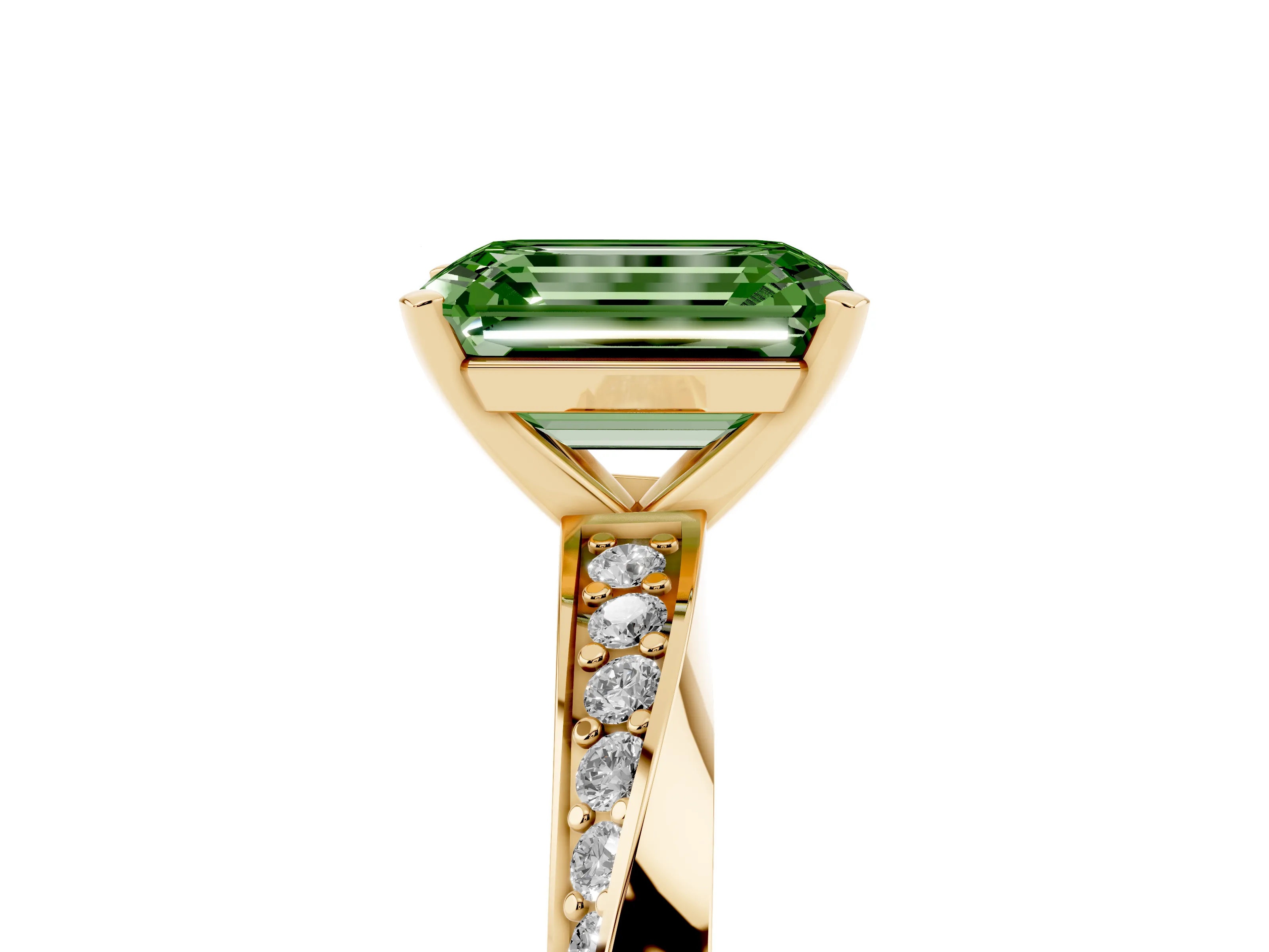 Fancy Green Emerald Cut Diamond Engagement Ring Set in Yellow gold with Side Stone Accents and Prong Setting